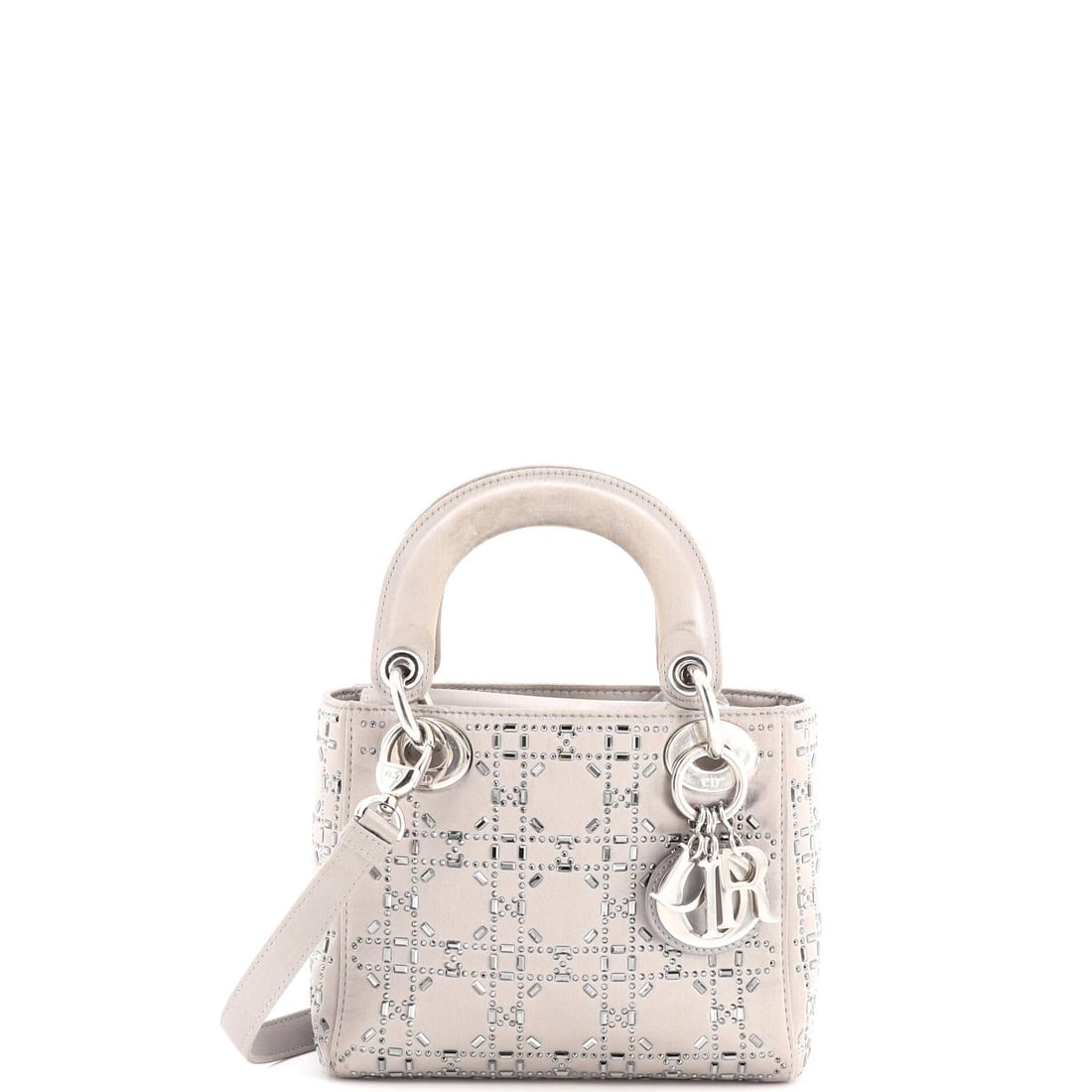 Dior Lady Satin Cannage Crystal Bag Embellished Quilt Mini: Dior Lady Satin Cannage Crystal Bag Embellished Quilt Mini Satin and crystal embellishments add a touch of luxury to this mini Dior Lady Satin Cannage Crystal Bag. The gray exterior features a quilted