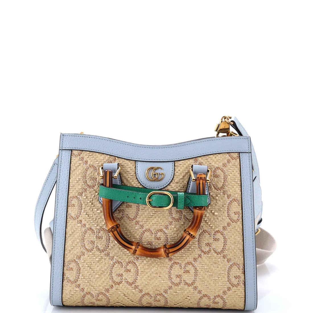 Gucci Diana Raffia Handle Small Bamboo Tote GG NM: Gucci Diana Raffia Handle Small Bamboo Tote GG NM Raffia and leather come together in this stunning Gucci Diana Raffia Handle Small Bamboo Tote, featuring a vibrant blue exterior and neutral