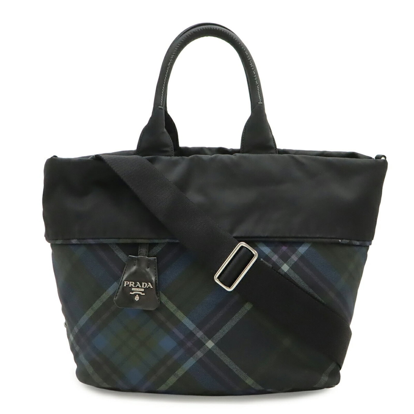 Shoulder Bag Nylon Tote Prada: Shoulder Bag Nylon Tote Prada Black, Blue, or Multi-color Prada Nylon Tote Bag with Zipper Outer Pocket. Measuring 26cm x 41cm x 18cm, this shoulder bag features a durable nylon material. The bag's