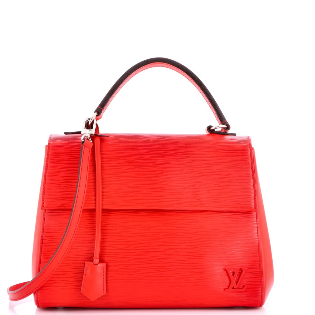 Epi leather Cluny Louis Vuitton MM Top Handle Bag: Epi leather Cluny Louis Vuitton MM Top Handle Bag Red Epi leather Louis Vuitton Cluny MM top handle bag with clochette and strap, featuring a classic design and durable exterior material. The bag meas