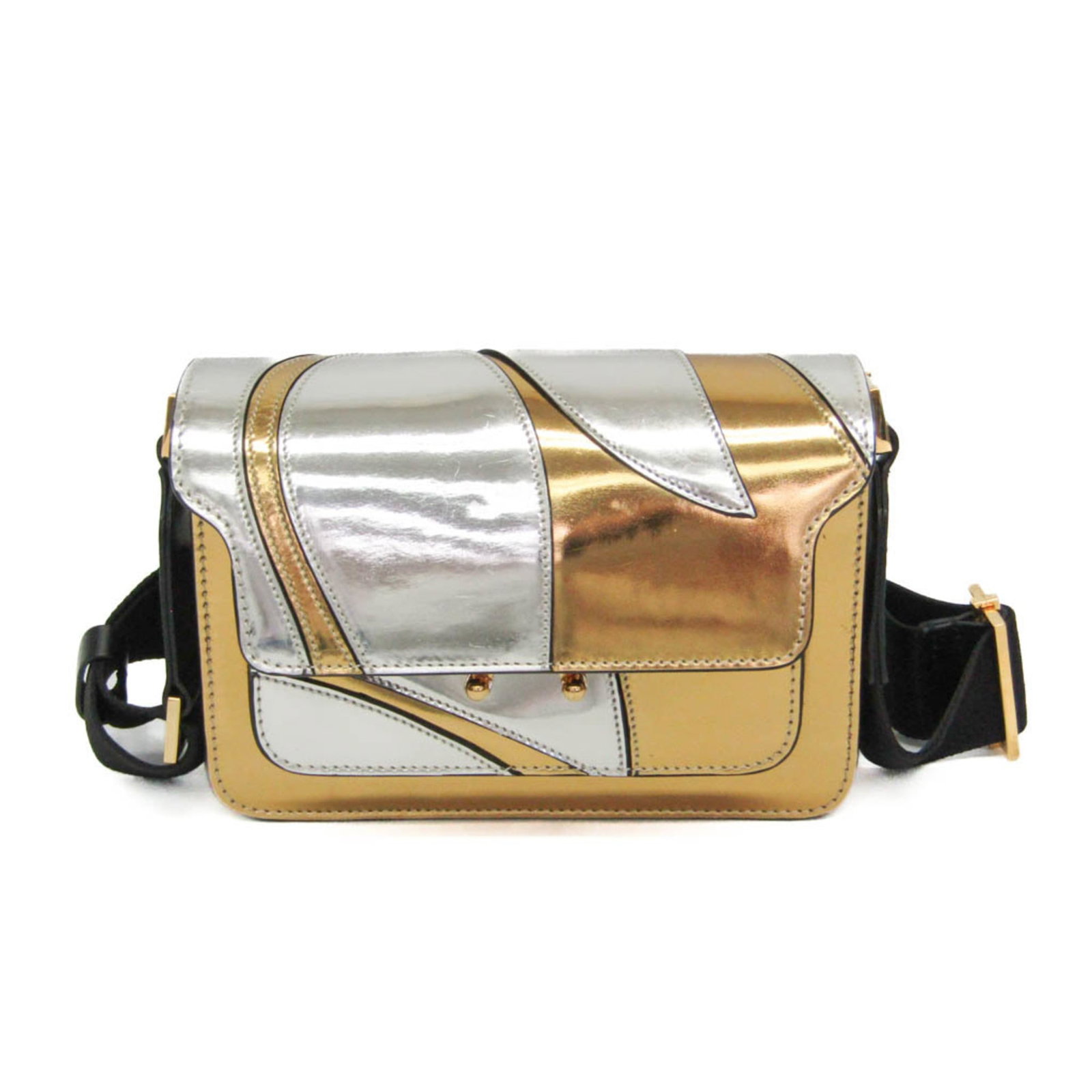 Shoulder Bag Leather Marni: Shoulder Bag Leather Marni Gold and Silver Leather Marni Trunk Mini Shoulder Bag. This elegant shoulder bag features a sleek design with a push lock closure, open pocket 1, and zipper pocket 1,
