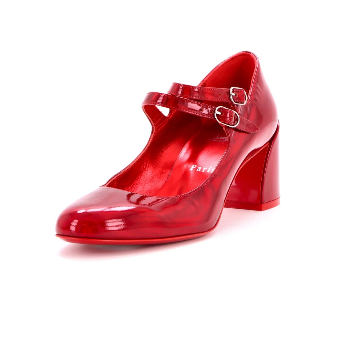 Patent 55 Christian Louboutin Pumps Women's Miss Mary Jane: Patent 55 Christian Louboutin Pumps Women's Miss Mary Jane Patent 55 Christian Louboutin Pumps Women's Miss Mary Jane - A stunning pair of red patent leather pumps with a metallic finish, featuring a