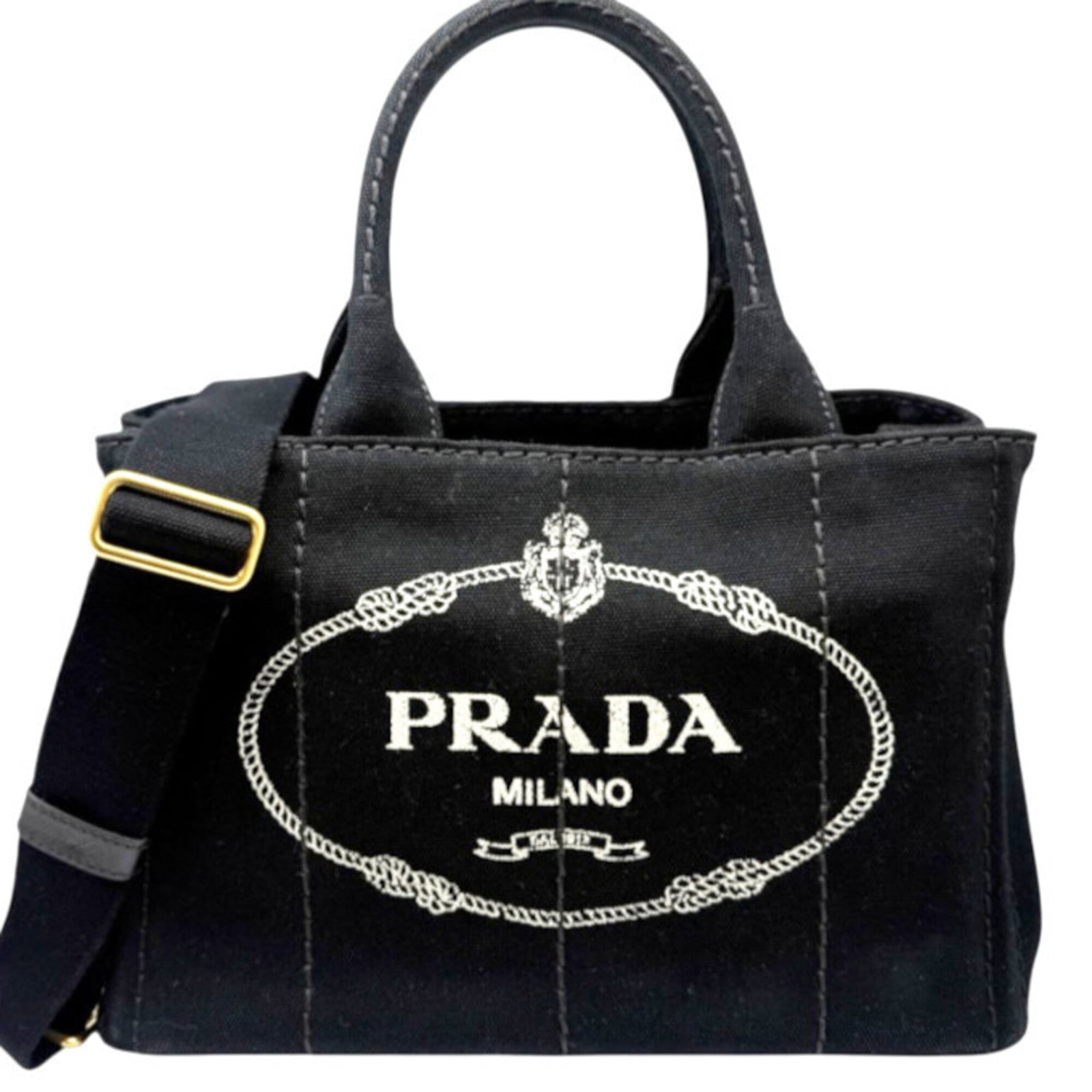 Prada Handbag Shoulder Bag Canvas: Prada Handbag Shoulder Bag Canvas Canvas shoulder bag from Prada, featuring a sleek black design with a rectangular shape and moderate size. The bag measures 18cm x 19cm x 15cm, making it a versatile