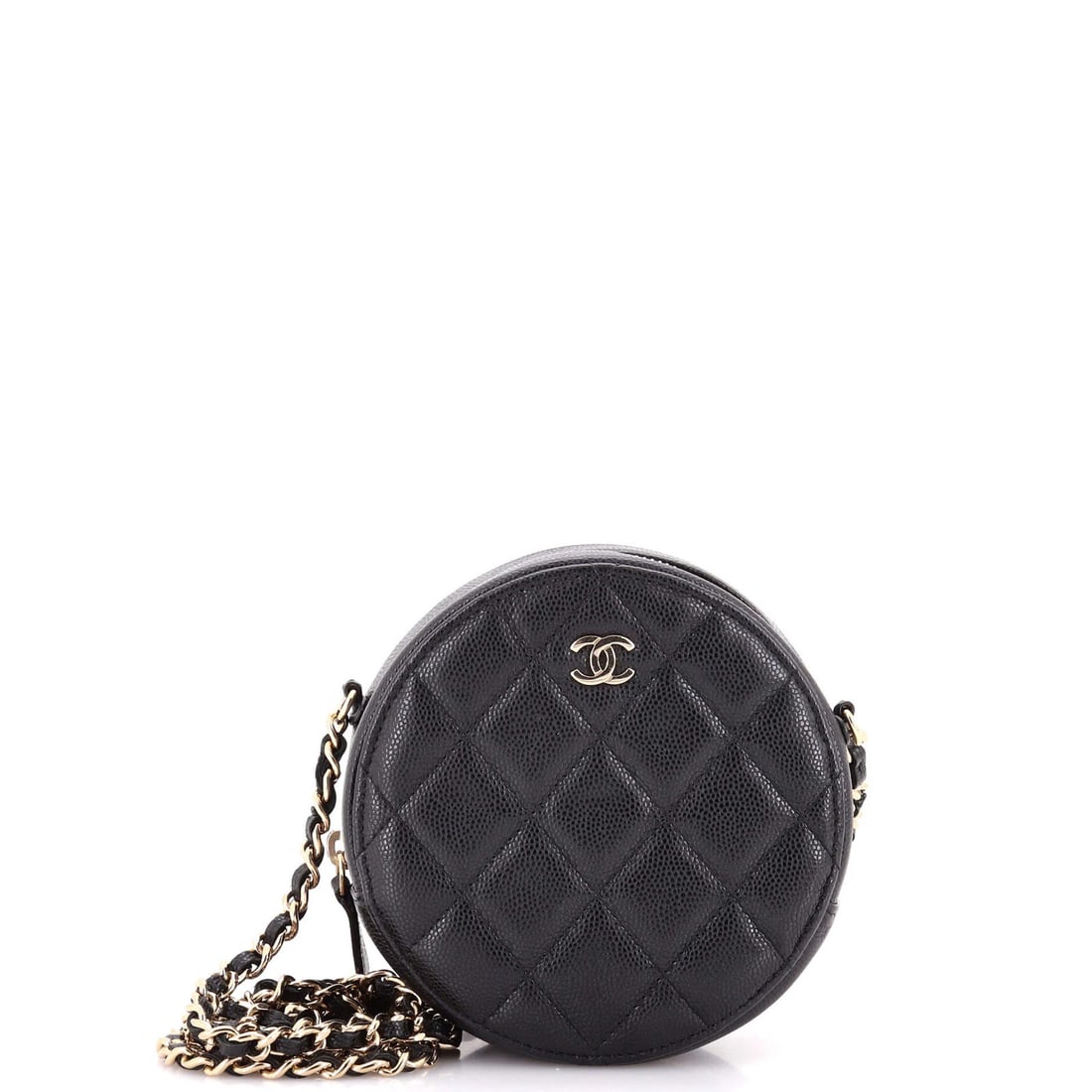 Round Clutch Chanel Mini Caviar Quilted Chain: Round Clutch Chanel Mini Caviar Quilted Chain Black leather Round Clutch with Chain Quilted Caviar Mini from Chanel, featuring a 5" height, 5" width, and 2" depth, with a 23" strap drop. This mini cro