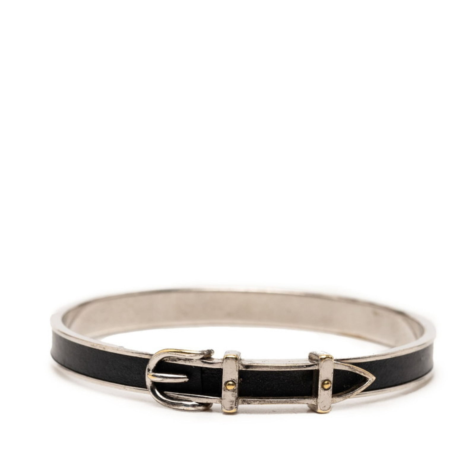 Hermes Standard Belt: Hermes Standard Belt Metal and leather come together in a sleek black and silver design, defining the 18.5cm length of this standard belt from Hermes. The metal strap and leather material create a sop