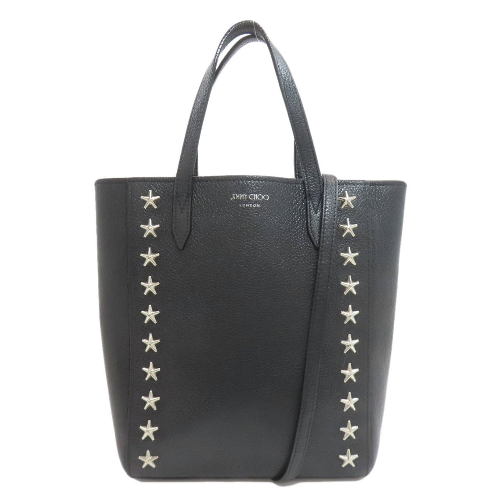 Tote Bag Leather Jimmy Choo: Tote Bag Leather Jimmy Choo Tote Bag Leather Jimmy Choo - A sleek and sophisticated black leather tote bag with a classic design, measuring 25cm x 27cm x 7cm. The bag's leather material provides a dur