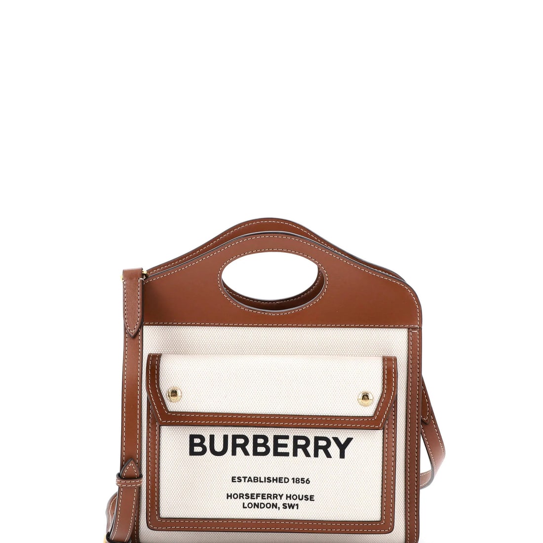 Burberry Leather Canvas Mini Tote with Logo: Burberry Leather Canvas Mini Tote with Logo Brown leather canvas mini tote with a classic Burberry logo, featuring a cross body design and neutral interior. The bag measures 8.5" tall, 9" wide, and