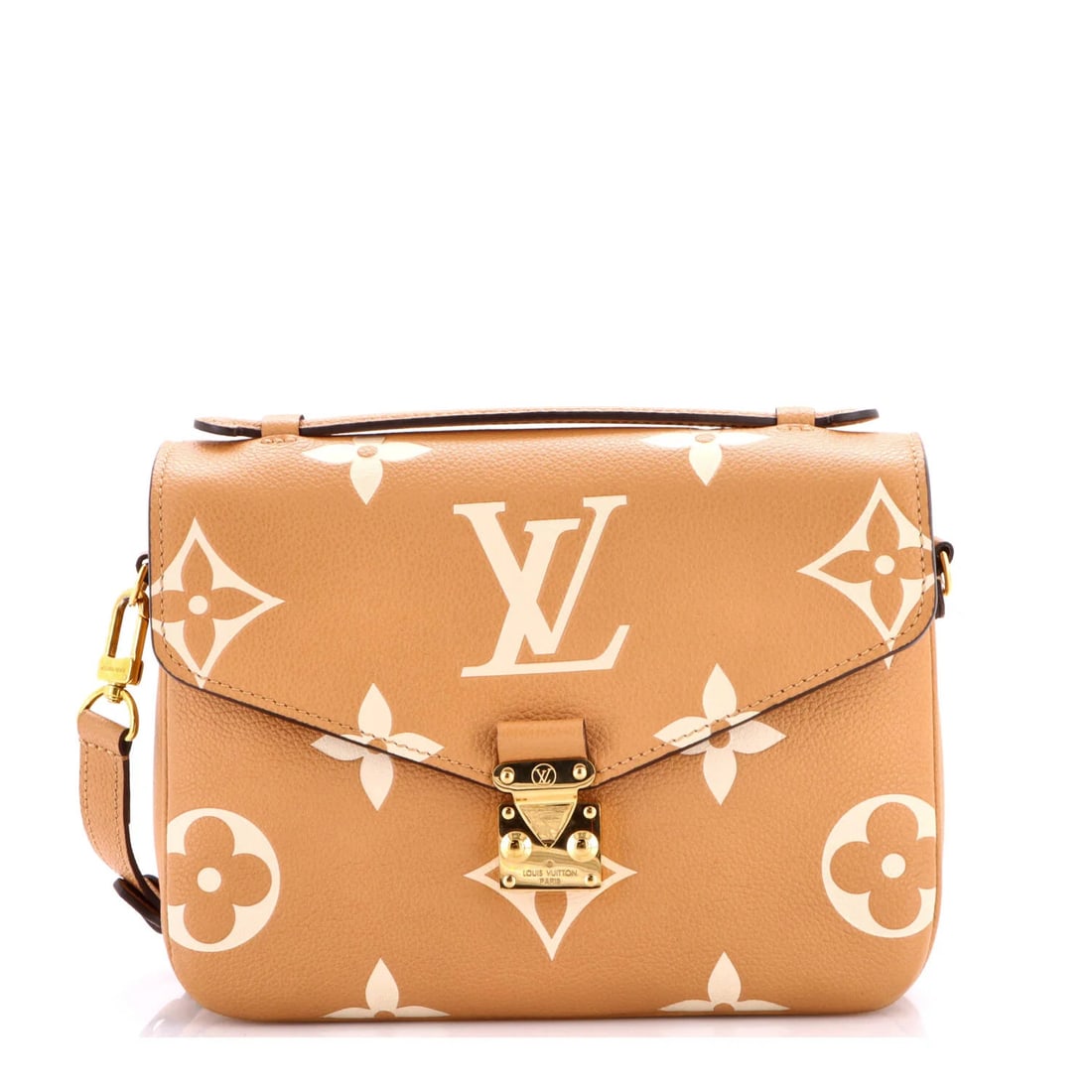 Louis Vuitton Bicolor Pochette Monogram Giant Empreinte: Louis Vuitton Bicolor Pochette Monogram Giant Empreinte Neutral-colored Louis Vuitton Bicolor Pochette Monogram Giant Empreinte cross body bag with scuffs, edge wear, and minor creases on the exterior