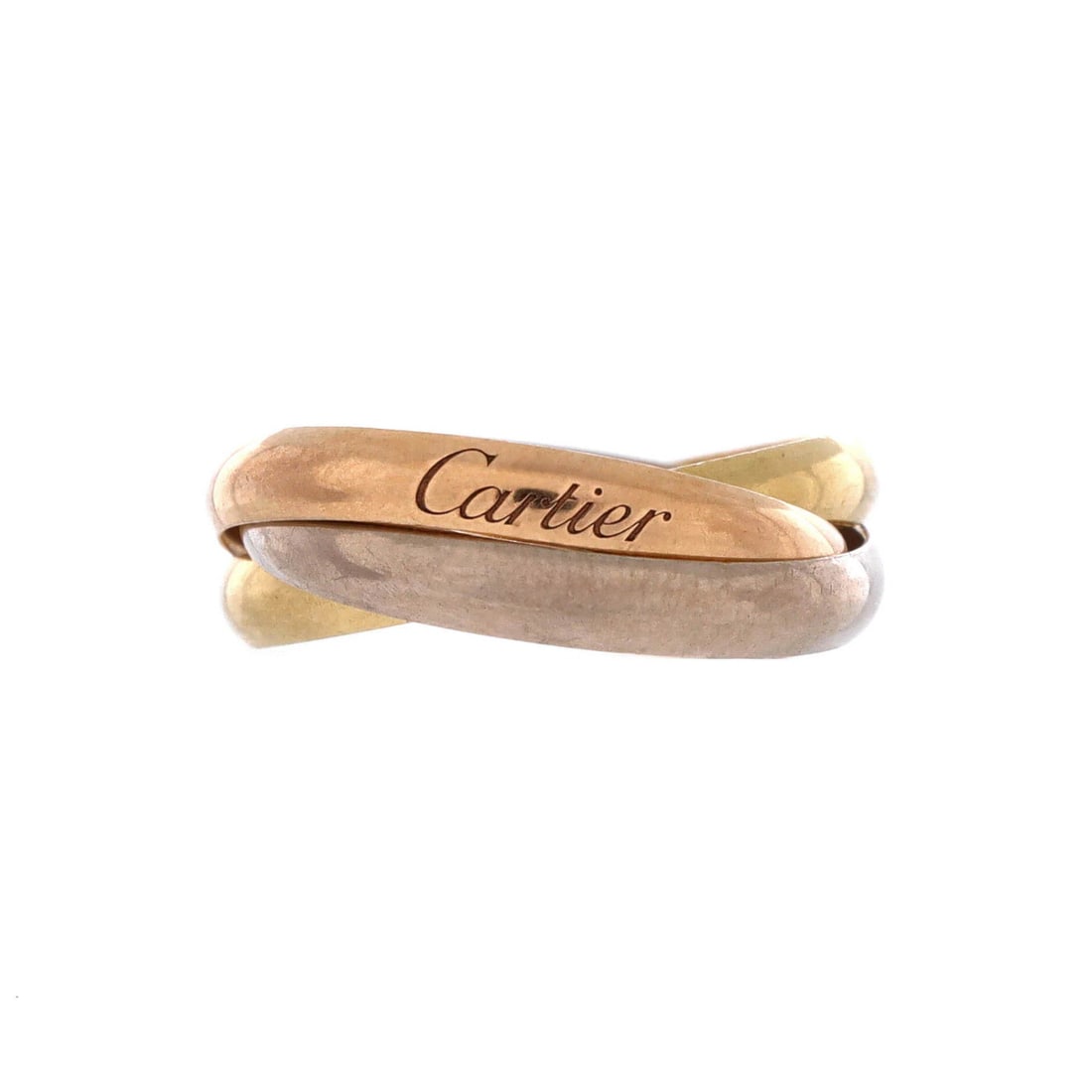 Cartier Trinity Gold Small Ring 18K: Cartier Trinity Gold Small Ring 18K 18K Trinity Gold Small Ring from Cartier, featuring a unique tricolor gold design with 18K rose gold, 18K white gold, and 18K yellow gold. This elegant ring boasts 