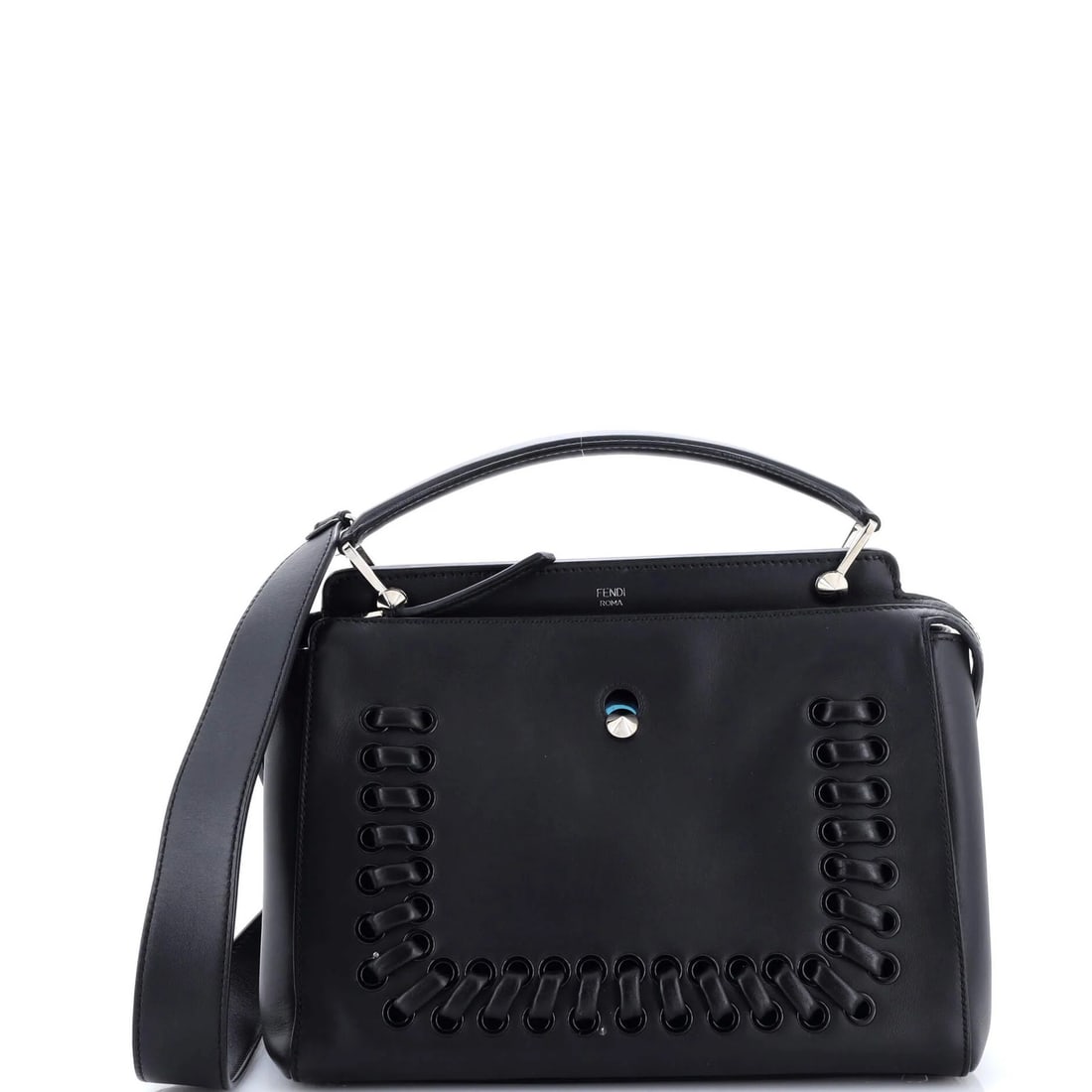 Fendi Convertible Satchel Medium Leather Whipstitch DotCom: Fendi Convertible Satchel Medium Leather Whipstitch DotCom Black leather medium Fendi Convertible Satchel with whipstitch details, featuring a microfiber interior and silver hardware. The bag has a