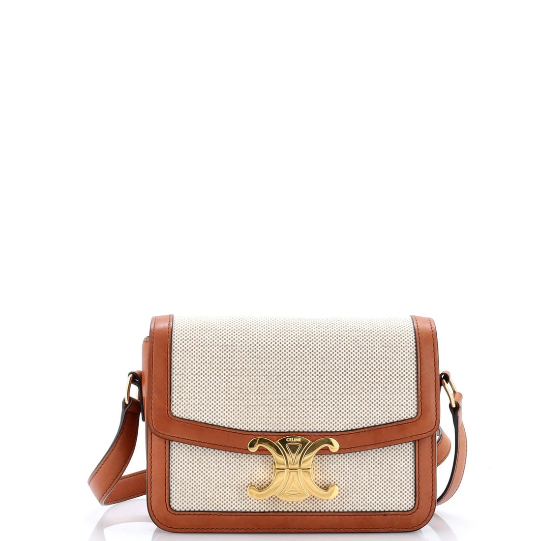Canvas Leather Bag with Teen Celine Triomphe Shoulder: Canvas Leather Bag with Teen Celine Triomphe Shoulder Canvas leather bag with iconic Triomphe shoulder design, featuring a neutral exterior and rich brown interior. The bag's canvas plain leather