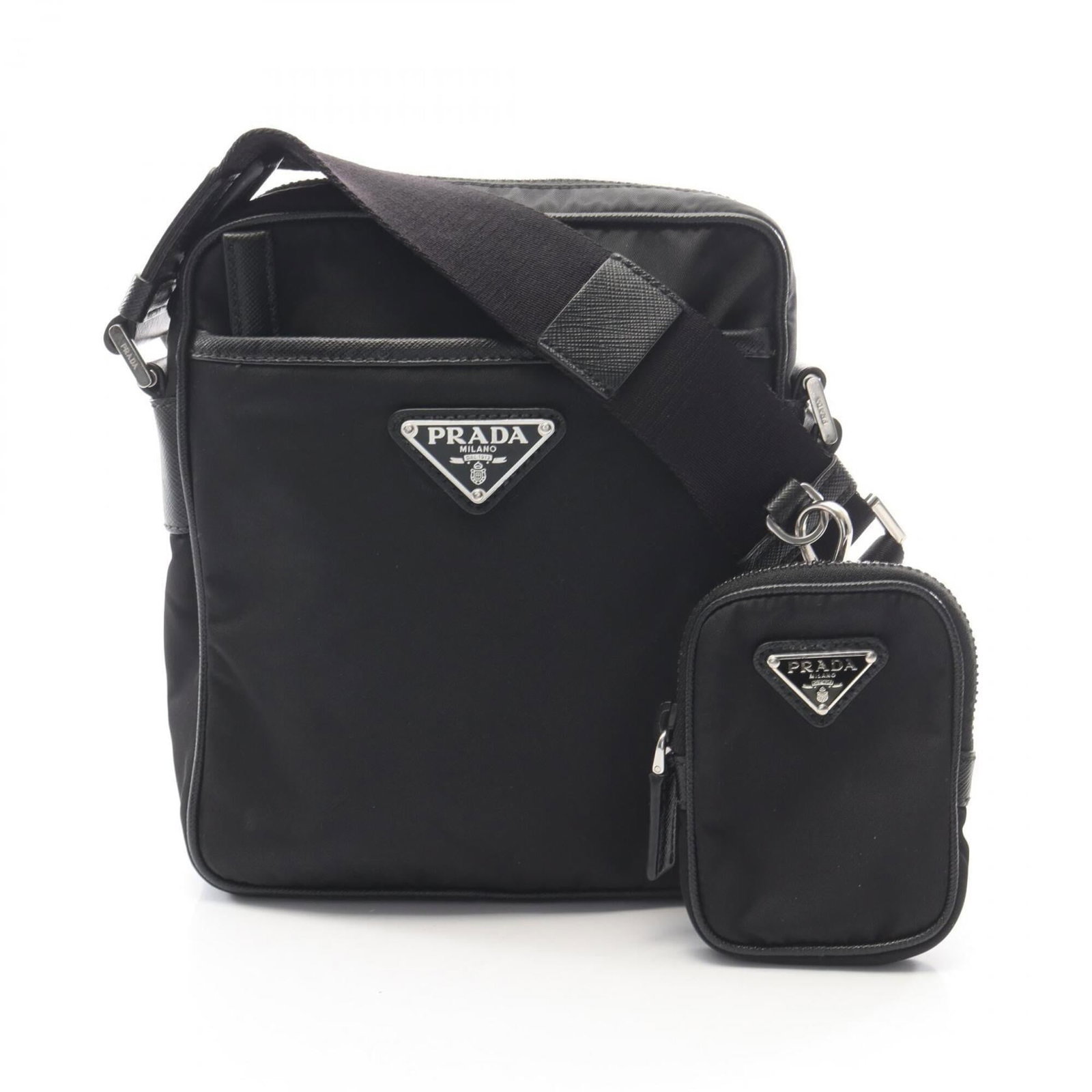 Handbag Prada Nylon Leather Shoulder Pouch: Handbag Prada Nylon Leather Shoulder Pouch Saffiano leather exterior and interior, a classic design from Prada, in a timeless black color. This nylon leather shoulder pouch features a sleek and