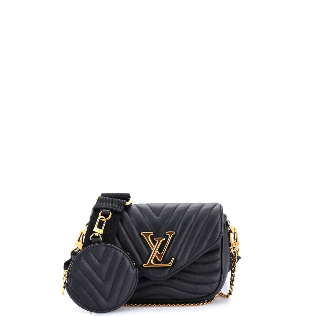 Vuitton Multi Leather Pochette Quilted New Louis: Vuitton Multi Leather Pochette Quilted New Louis This Louis Vuitton Multi Leather Pochette Quilted New Wave is a stylish cross body bag with a chain strap, featuring a black quilted leather exterior