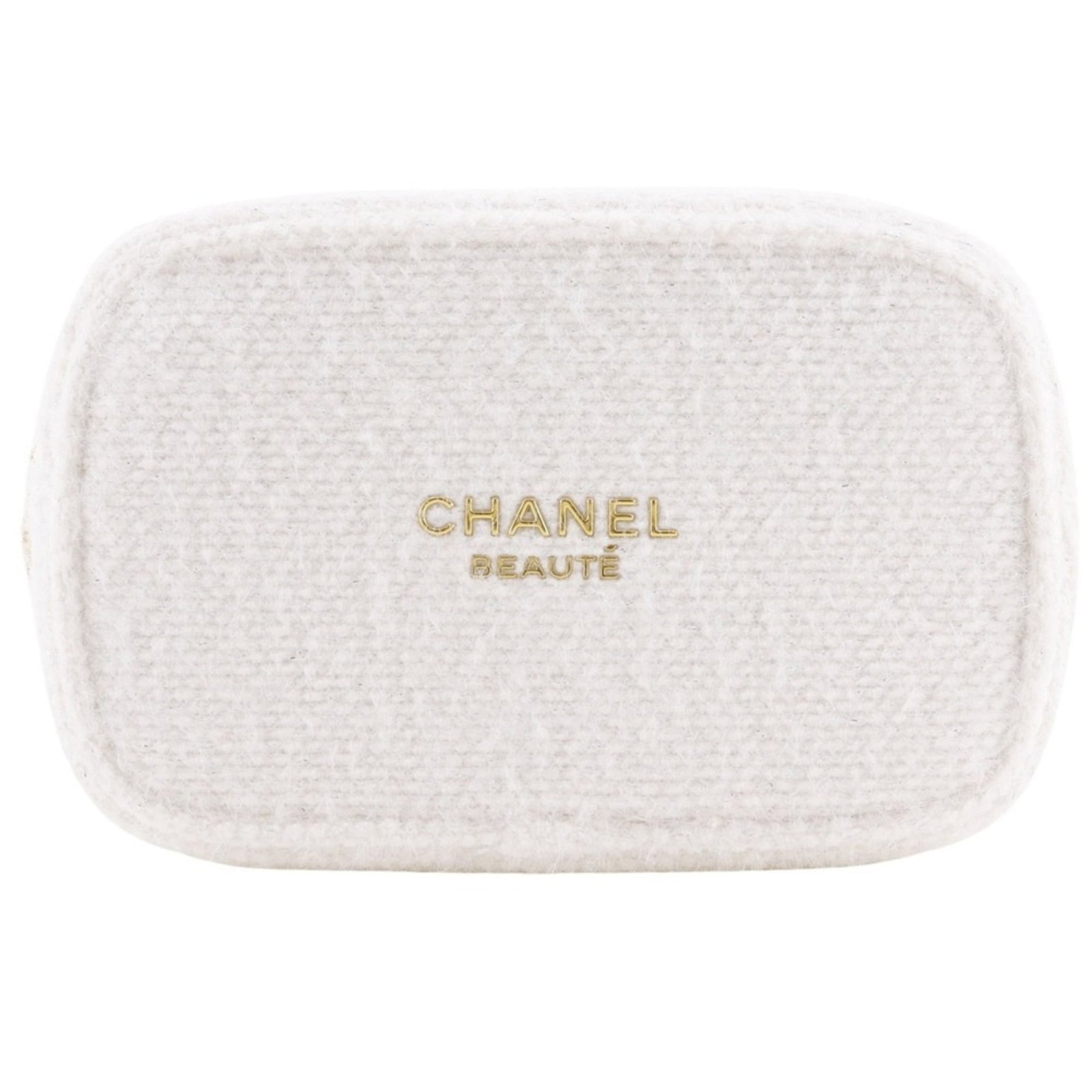 Tweed Pouch Chanel: Tweed Pouch Chanel Tweed Pouch by Chanel, a stylish and compact accessory featuring a white tweed material, measuring 12cm x 20cm x 5cm. This pouch comes in a sturdy box, providing a convenient way