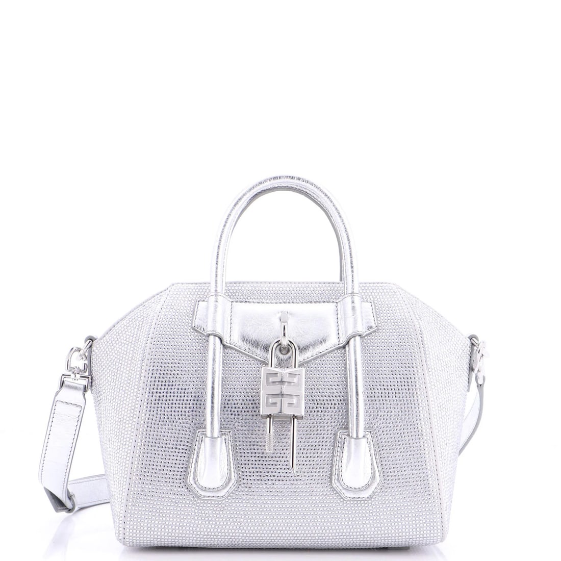 Satin Crystal Embellished Mini Lock Bag Givenchy Antigona: Satin Crystal Embellished Mini Lock Bag Givenchy Antigona Satin Crystal Embellished Mini Lock Bag Givenchy Antigona features a striking exterior with crystal satin and silver details, adding a touch