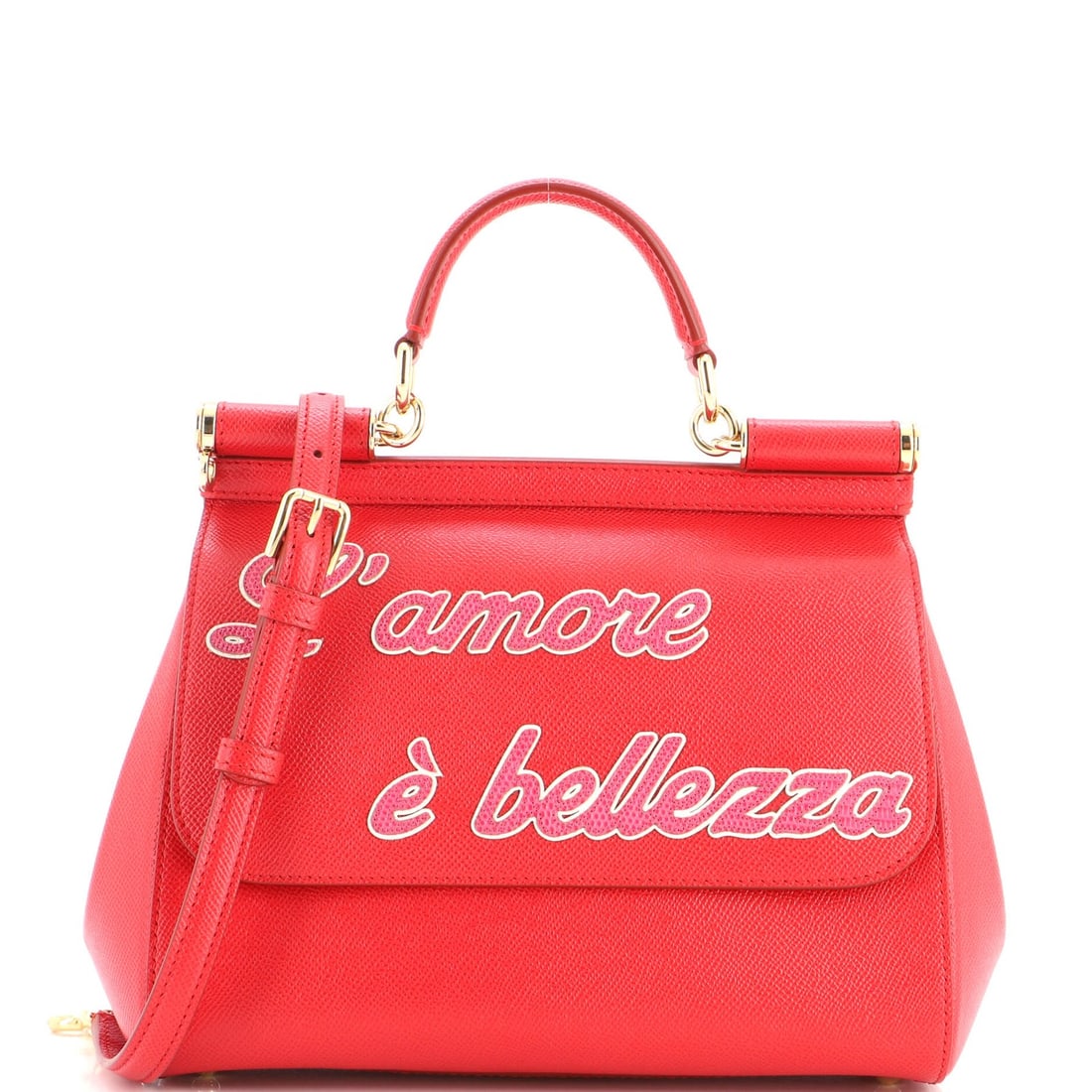 Bag Miss Medium Leather Printed Gabbana Sicily Dolce: Bag Miss Medium Leather Printed Gabbana Sicily Dolce The Dolce & Gabbana Miss Sicily Bag is a stunning medium-sized leather satchel with a bold red exterior and gold hardware. Featuring a printed
