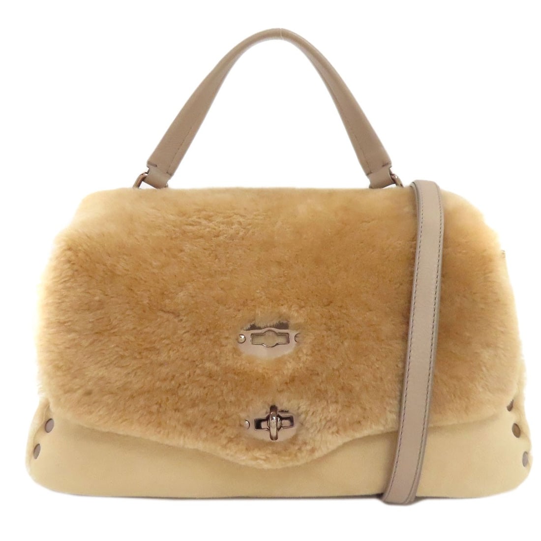 Fur Suede 2Way Tote Bag Postina Zanellato: Fur Suede 2Way Tote Bag Postina Zanellato Beige fur suede 2-way tote bag with a distinctive exterior color and material. This postina zanellato tote features a unique blend of style and texture,