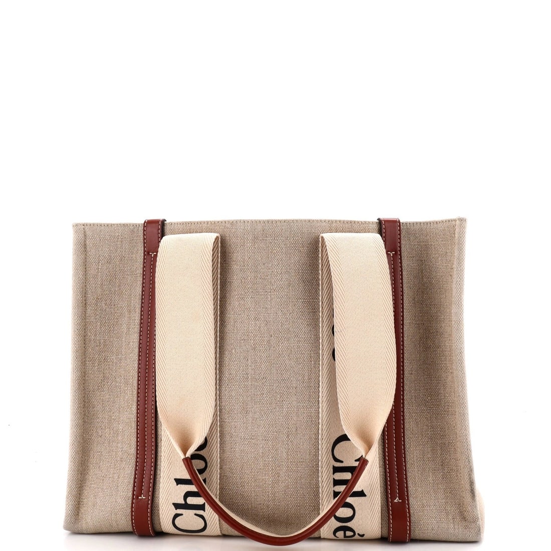 Chloe Woody Tote Canvas with Leather Medium: Chloe Woody Tote Canvas with Leather Medium Canvas and leather combine in this Chloe Woody Tote, a medium-sized bag with a neutral exterior and interior. The tote features a 10.5" height and 14"