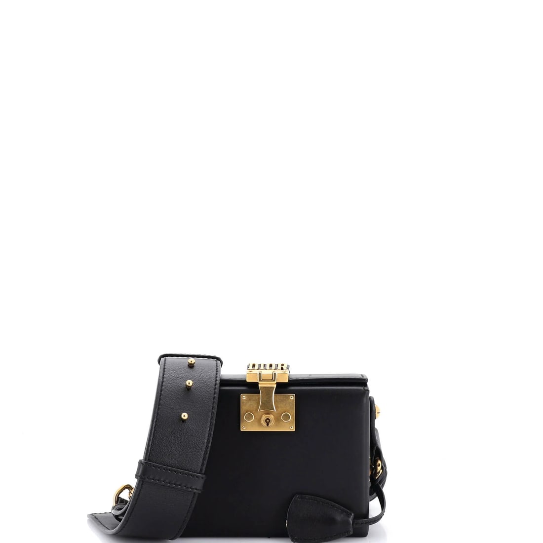 Leather Small Dior Lockbox Dioraddict Bag: Leather Small Dior Lockbox Dioraddict Bag Small Leather Dior Lockbox Bag with Clochette and Strap, featuring a sleek black exterior and suede interior, adorned with aged gold hardware. Measuring 5"