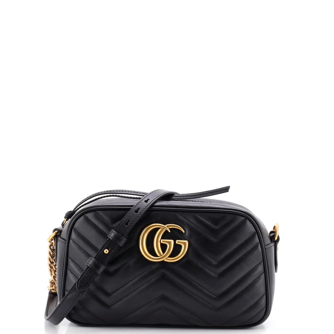 Gucci GG Marmont Shoulder Bag Matelasse Leather Small: Gucci GG Marmont Shoulder Bag Matelasse Leather Small Small Gucci GG Marmont Shoulder Bag in Black Matelasse Leather, featuring a classic cross body design with gold hardware and a neutral interior, m