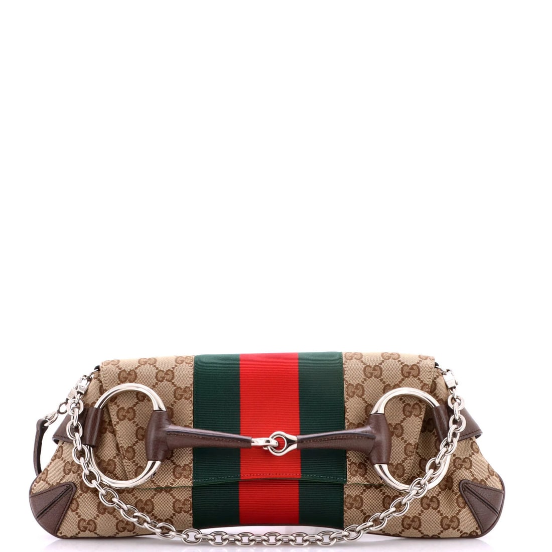 Horsebit NM Web Chain Clutch Canvas Medium: Horsebit NM Web Chain Clutch Canvas Medium The Gucci Horsebit NM Web Chain Clutch is a stylish medium-sized shoulder bag with a canvas exterior in brown and a satin interior in green. Featuring a sign