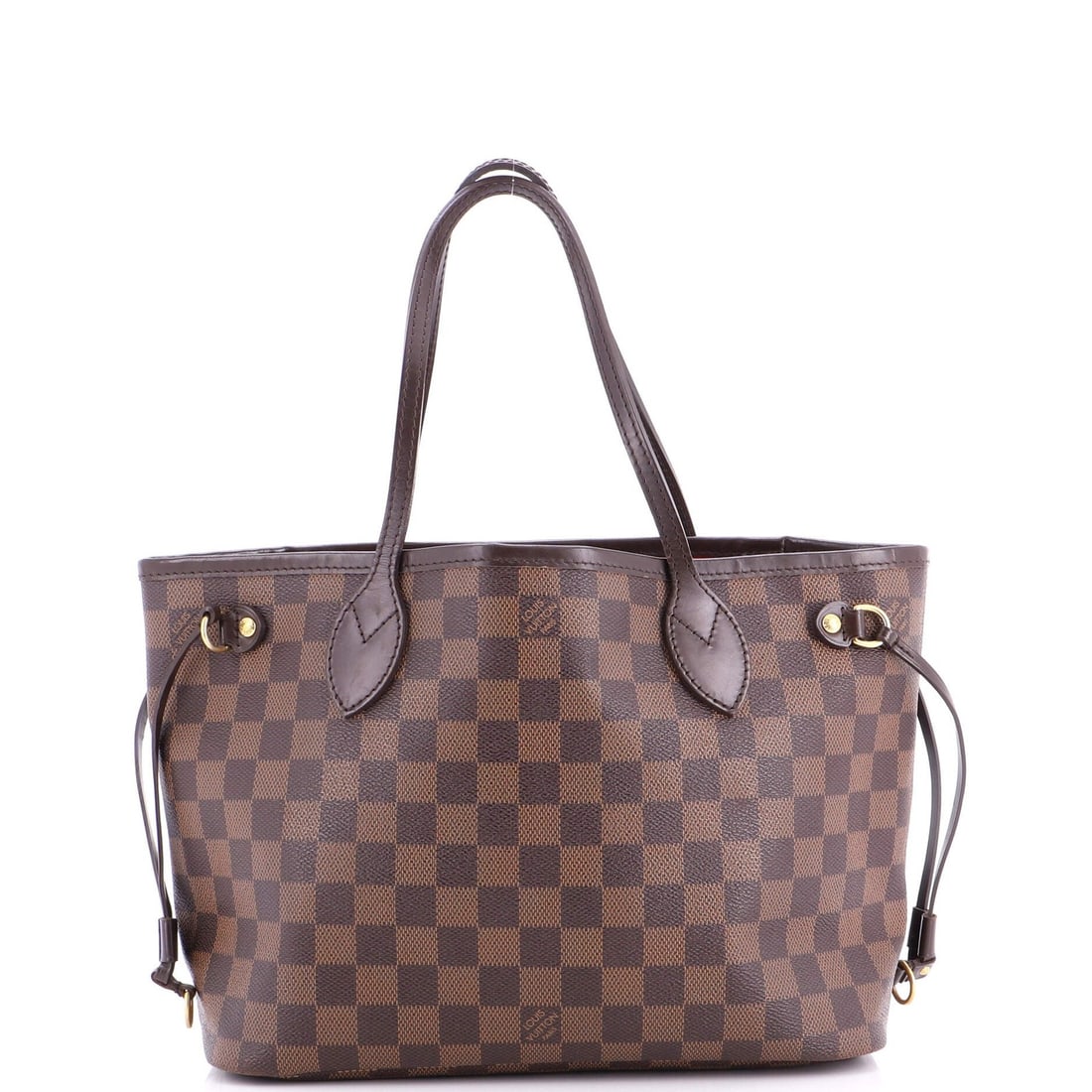 Damier PM Louis Vuitton Neverfull Tote: Damier PM Louis Vuitton Neverfull Tote Brown Damier PM Louis Vuitton Neverfull Tote with scuffs, creases, and minor discoloration. This classic tote features a canvas-coated leather exterior, gold har