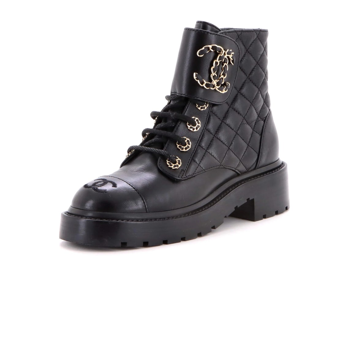 Chanel Women's Chain CC Cap Toe Lace Up Combat Boots Quilted Leather (1 of 5)