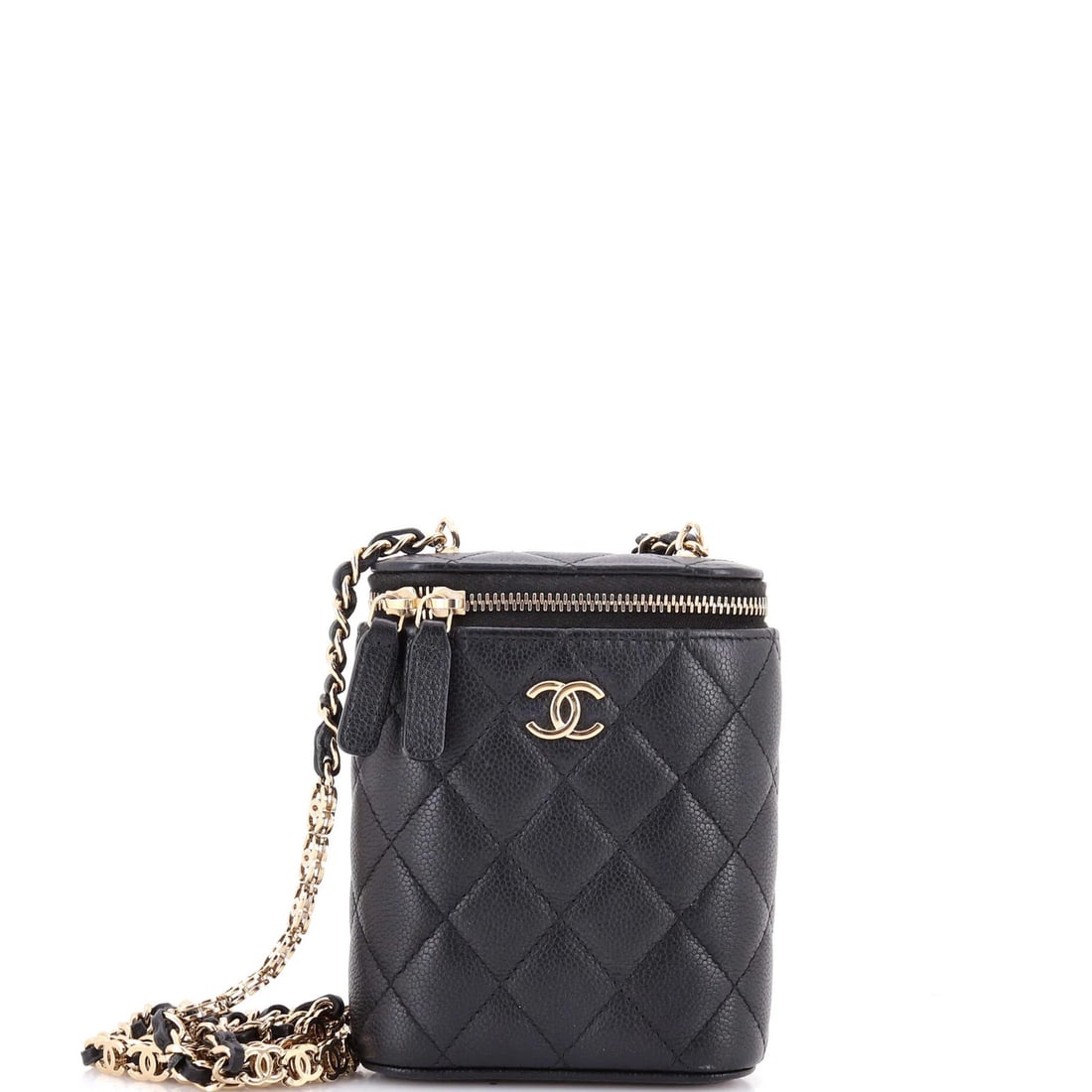 Classic Vertical Caviar Chain Quilted Chanel Small Vanity Case: Classic Vertical Caviar Chain Quilted Chanel Small Vanity Case The Classic Vertical Caviar Chain Quilted Chanel Small Vanity Case boasts a timeless design with its chain quilted exterior in sleek blac