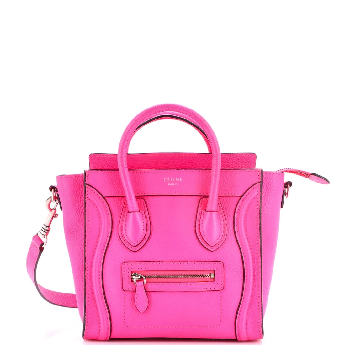 Luggage Bag Grainy Leather Nano Celine: Luggage Bag Grainy Leather Nano Celine Nano Celine Grainy Leather Cross Body Bag in Pink features a unique grainy leather exterior with a subtle pink hue. Measuring 8" x 8" x 4", this compact bag has