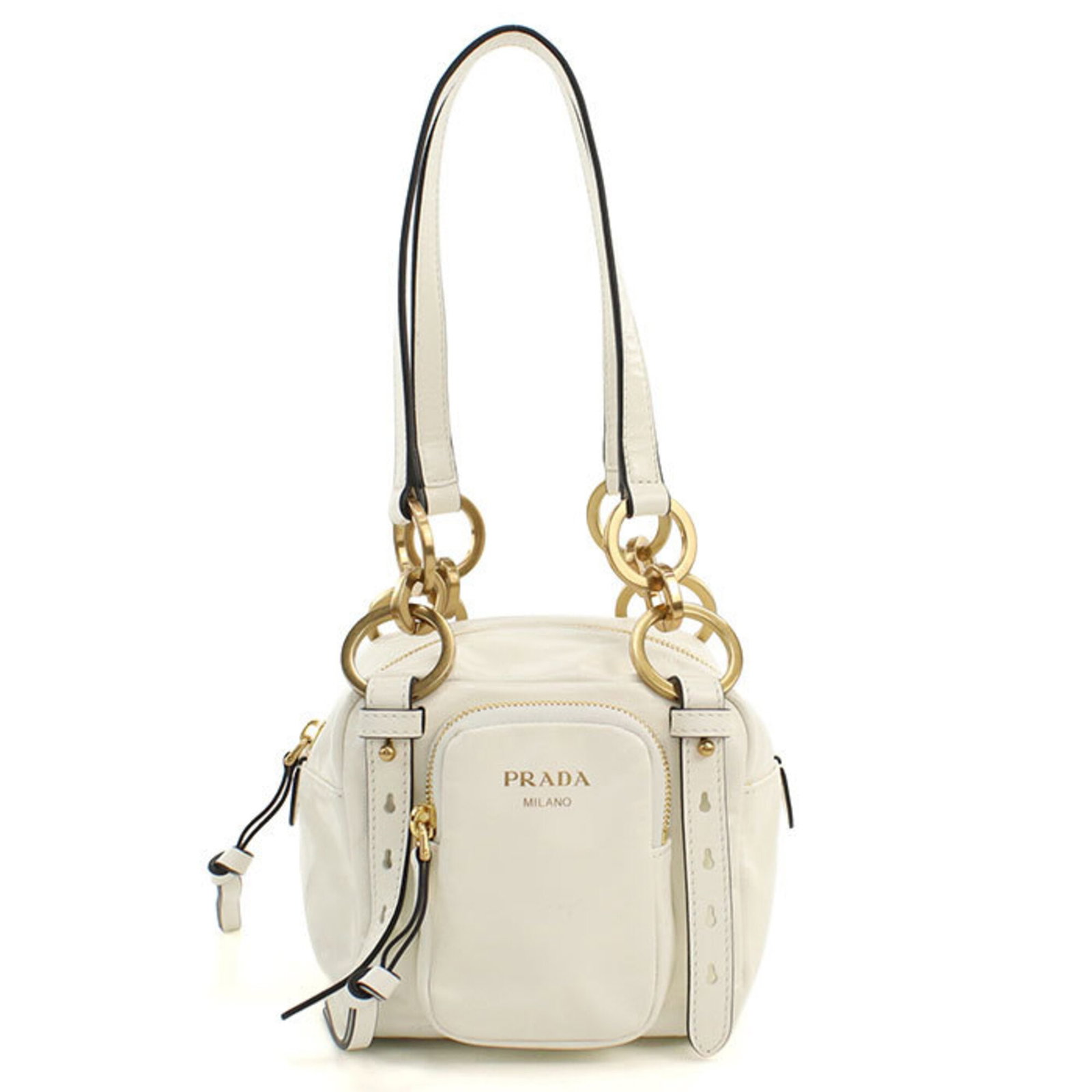 Handbag Leather Prada: Handbag Leather Prada White leather Prada handbag with gold hardware, measuring 13cm x 14cm x 12.5cm. This handbag is made from high-quality leather and features a classic design. The gold hardware ad