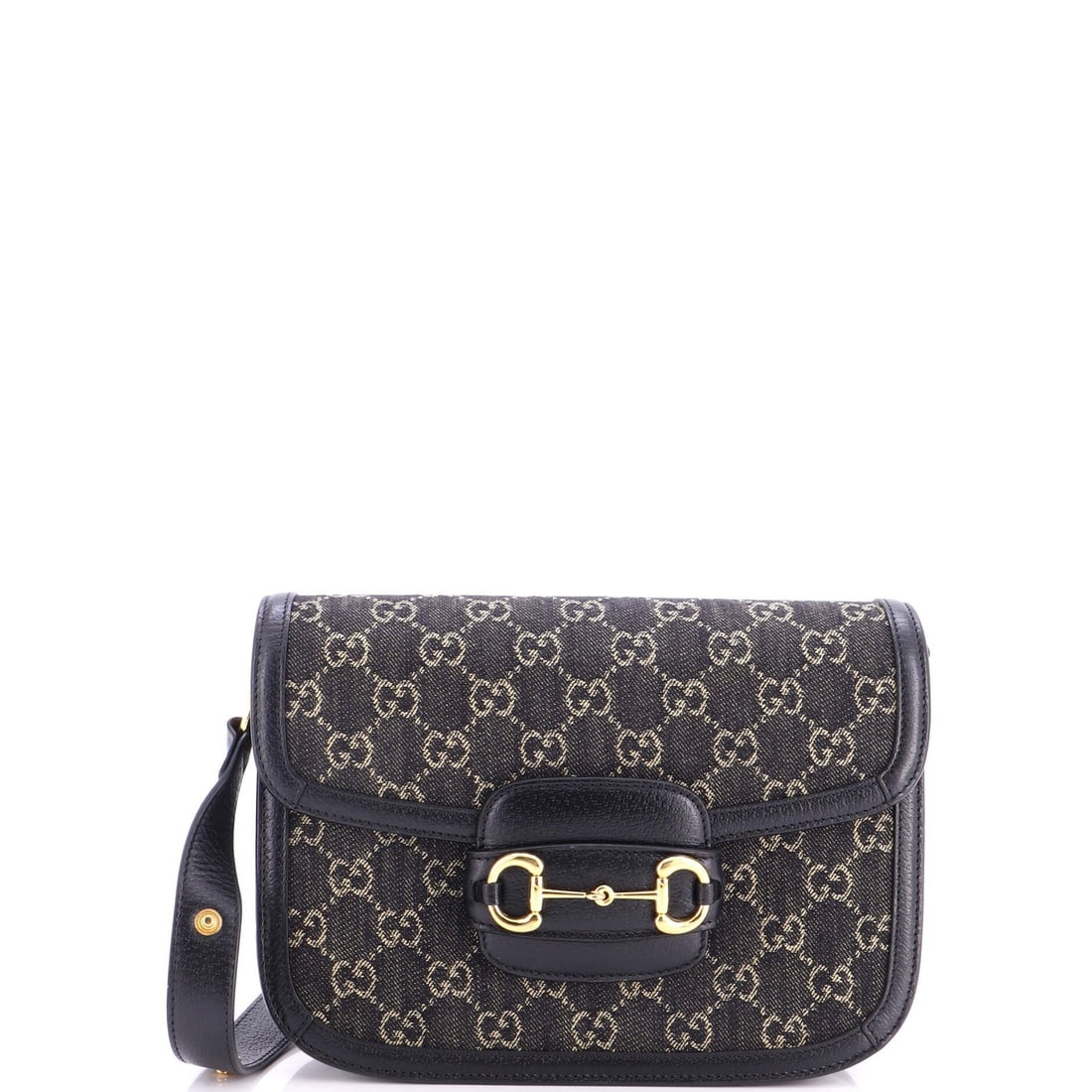 Gucci Horsebit Bag Denim Small 1955 Shoulder: Gucci Horsebit Bag Denim Small 1955 Shoulder Denim small shoulder bag with iconic Horsebit 1955 design, featuring black exterior and neutral interior, and gold hardware. This excellent condition bag