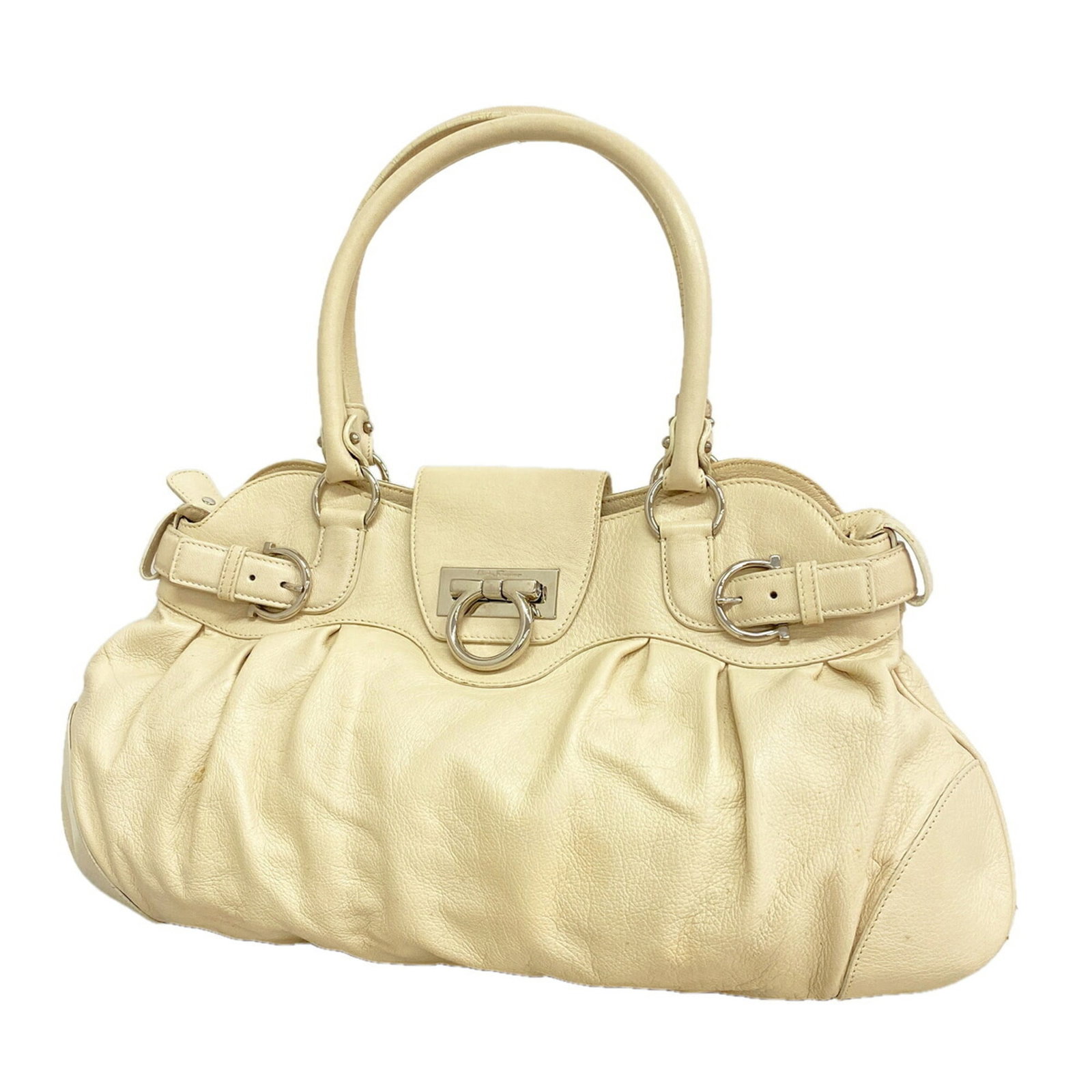 Salvatore Ferragamo Handbag Leather: Salvatore Ferragamo Handbag Leather White leather Salvatore Ferragamo handbag with silver hardware, measuring 25cm x 44cm x 1cm. This classic handbag features a timeless design and elegant silver
