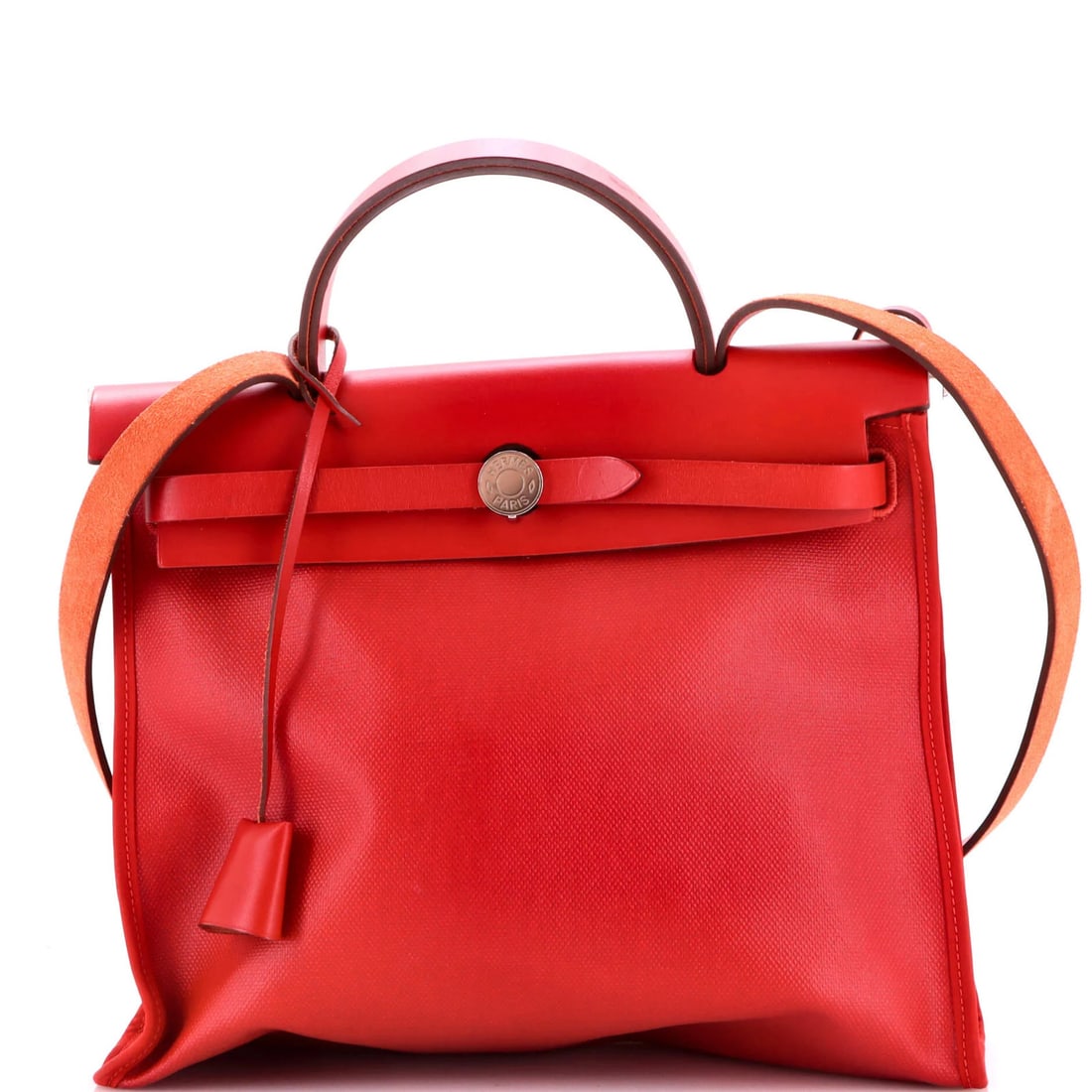 Hermes Herbag Zip Berline Vache Canvas and Leather 31: Hermes Herbag Zip Berline Vache Canvas and Leather 31 Red Hermes Herbag Zip Berline Vache Canvas and Leather 31 shoulder bag with a canvas-coated leather exterior, palladium hardware, and neutral inte