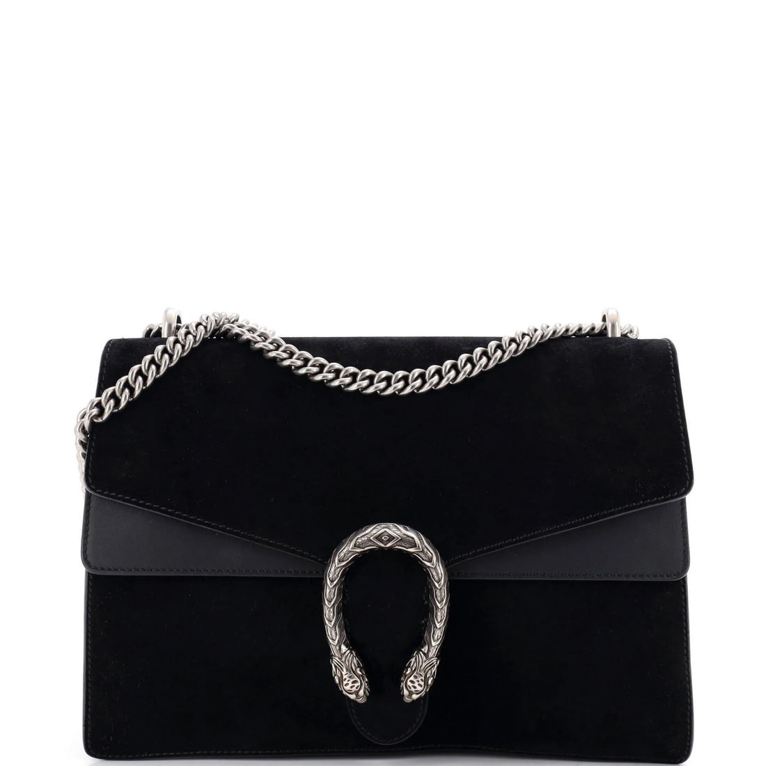 Suede Dionysus Gucci Medium Bag: Suede Dionysus Gucci Medium Bag Suede Dionysus Gucci Medium Bag in black suede exterior, featuring a classic shoulder bag design with a medium size and 23" strap drop. The bag's exterior shows minor