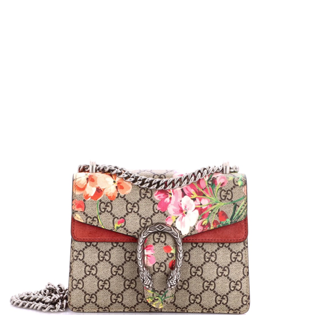 Dionysus Bag Blooms Gucci Coated Canvas Mini Print GG: Dionysus Bag Blooms Gucci Coated Canvas Mini Print GG Burgundy canvas coated suede exterior with a Dionysus Bag Blooms print GG, this mini Gucci shoulder bag features a unique blend of style and