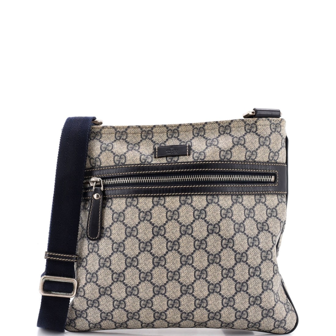 Gucci Flat Front Medium Messenger Bag GG Coated Canvas: Gucci Flat Front Medium Messenger Bag GG Coated Canvas Brown GG Coated Canvas Medium Messenger Bag with Flat Front and Front Zip, measuring 9" x 11" x 2" and featuring a silver-toned hardware. The