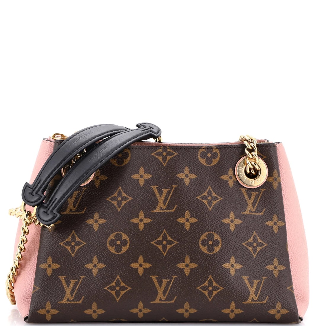 Louis Vuitton Surene Monogram Canvas Handbag Leather BB: Louis Vuitton Surene Monogram Canvas Handbag Leather BB The Louis Vuitton Surene Monogram Canvas Handbag Leather BB boasts a striking pink exterior, complemented by rich brown and gold accents,