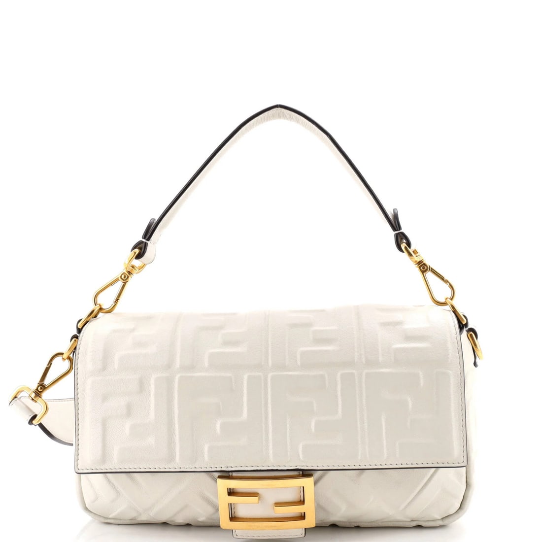 Fendi Baguette Medium NM Zucca Embossed Leather Bag: Fendi Baguette Medium NM Zucca Embossed Leather Bag White Zucca Embossed Leather Fendi Baguette Medium Cross Body Bag with Extra Strap, featuring minor creases on exterior and handles/straps, and