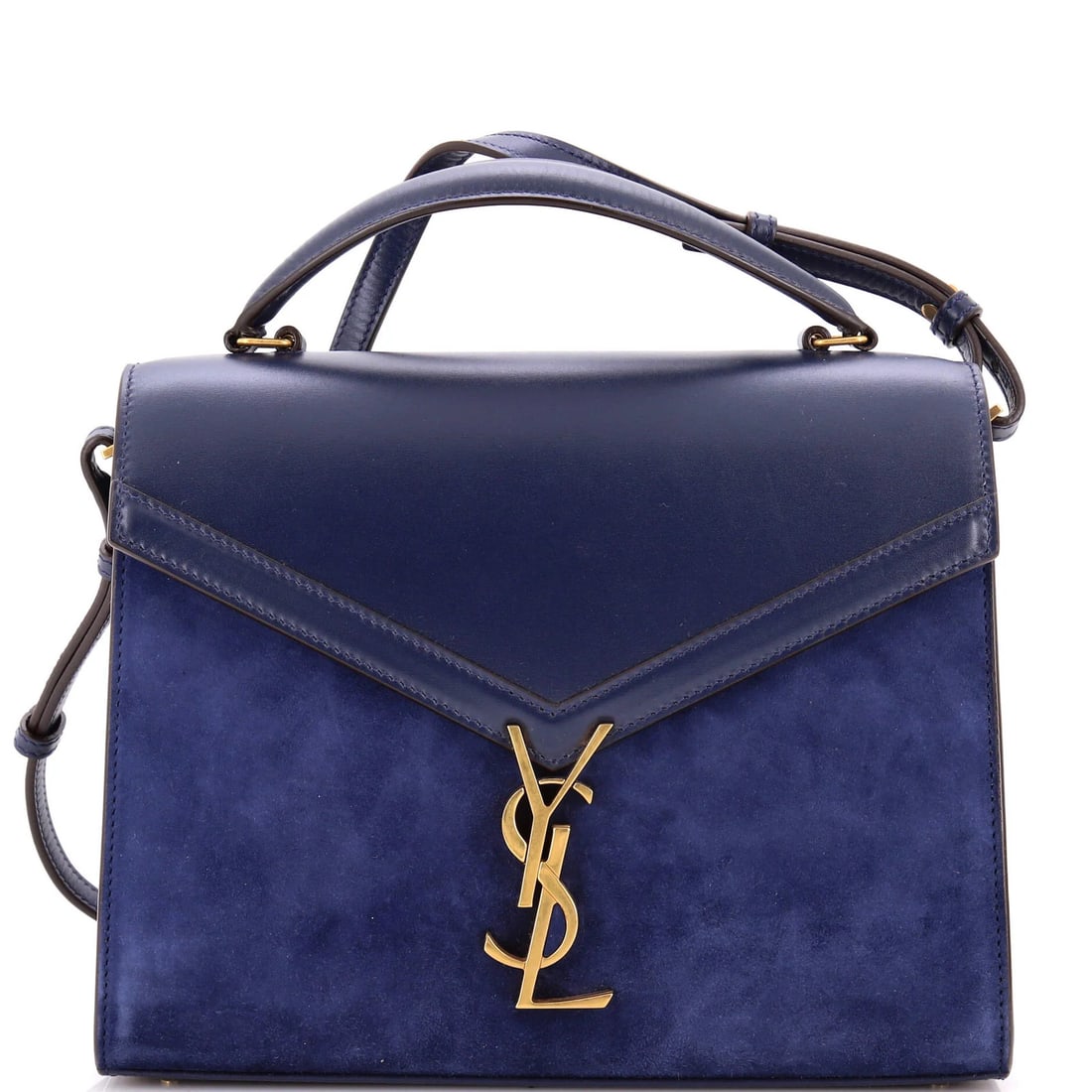 Saint Laurent Cassandra Suede Leather Bag Top Medium: Saint Laurent Cassandra Suede Leather Bag Top Medium The Saint Laurent Cassandra Suede Leather Bag Top Medium boasts a striking blue suede exterior, complemented by rich brown leather interior and