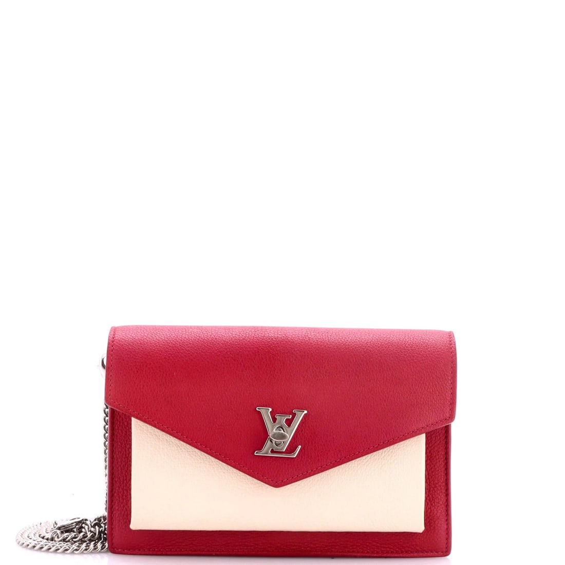 Mylockme Leather Pochette Louis Vuitton: Mylockme Leather Pochette Louis Vuitton This Louis Vuitton Mylockme Chain Pochette features a unique multicolor exterior with gray, pink, and other hues, adorned with a silver chain strap. The pochett