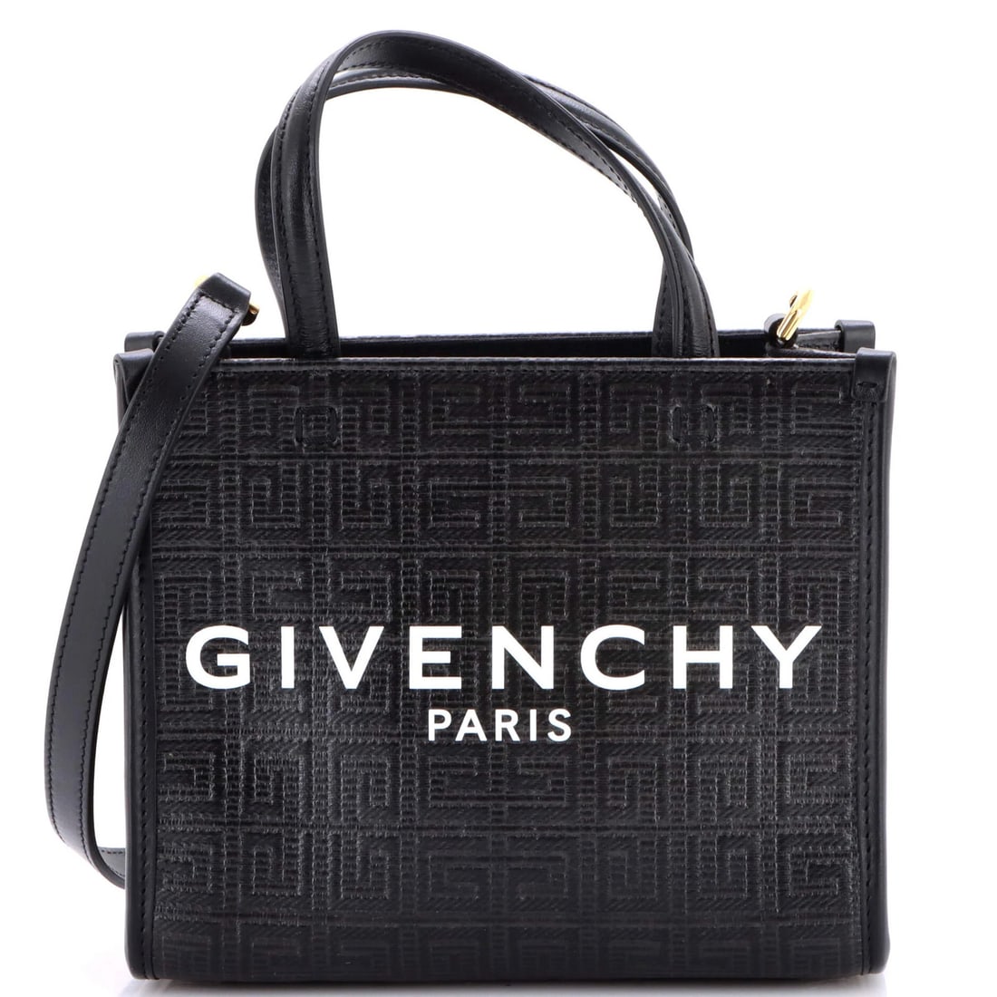 G Tote 4G Embossed Canvas Mini Coated Givenchy: G Tote 4G Embossed Canvas Mini Coated Givenchy Black leather exterior with embossed canvas interior, featuring a mini size with 4" handle drop and 21" strap drop, and gold hardware. Minor creases and 