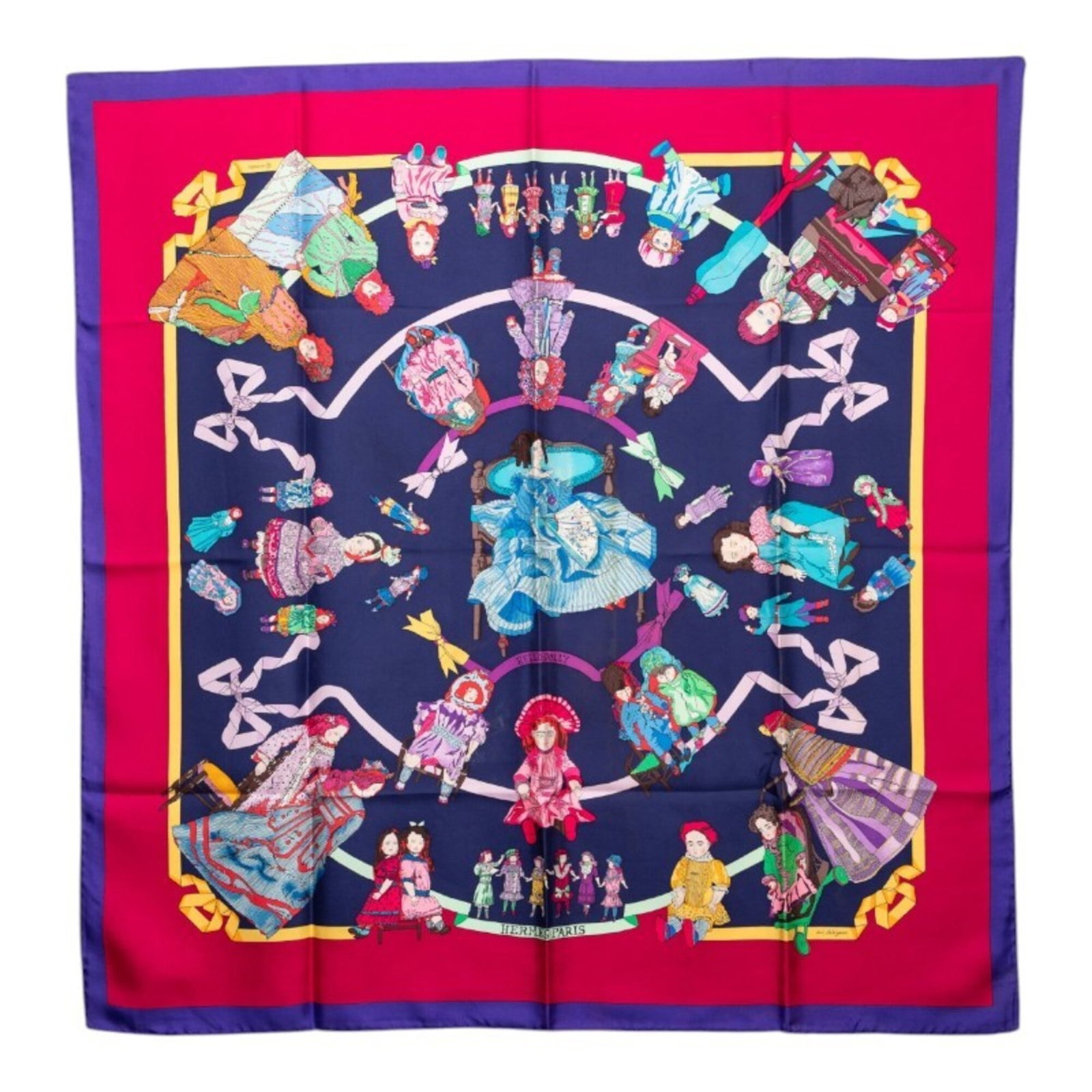 Silk Hermes Scarf: Silk Hermes Scarf Silk from Hermes, this scarf features a multi-color, purple design, and measures 90cm x 88cm. Made from high-quality silk, its vibrant colors and elegant size make it a stylish acces
