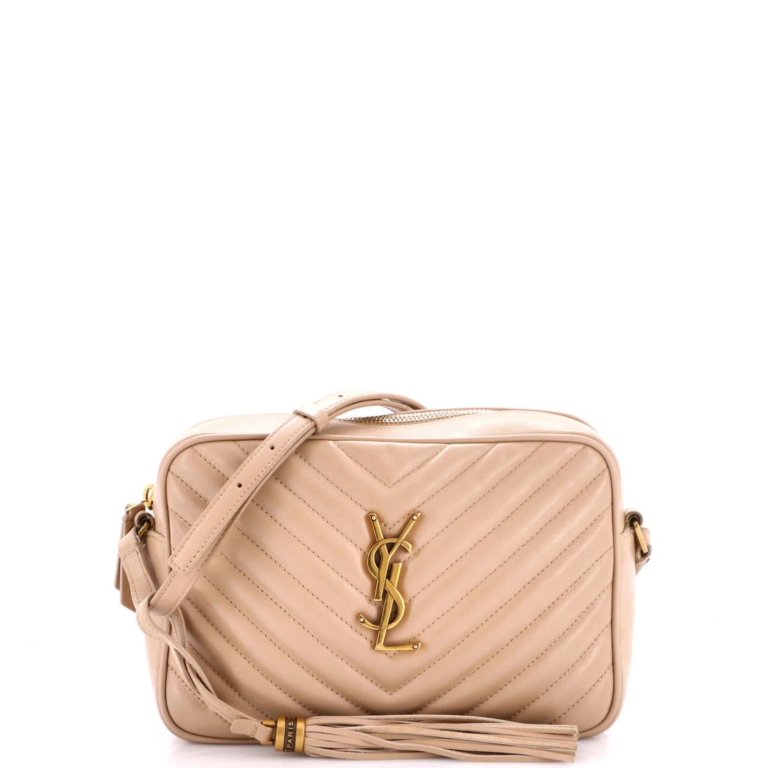 Camera bag Small Leather Chevron Matelasse Lou Saint Laurent: Camera bag Small Leather Chevron Matelasse Lou Saint Laurent Small Leather Chevron Matelasse Lou Camera Bag by Saint Laurent features a neutral exterior with a subtle matelasse pattern and aged gold h
