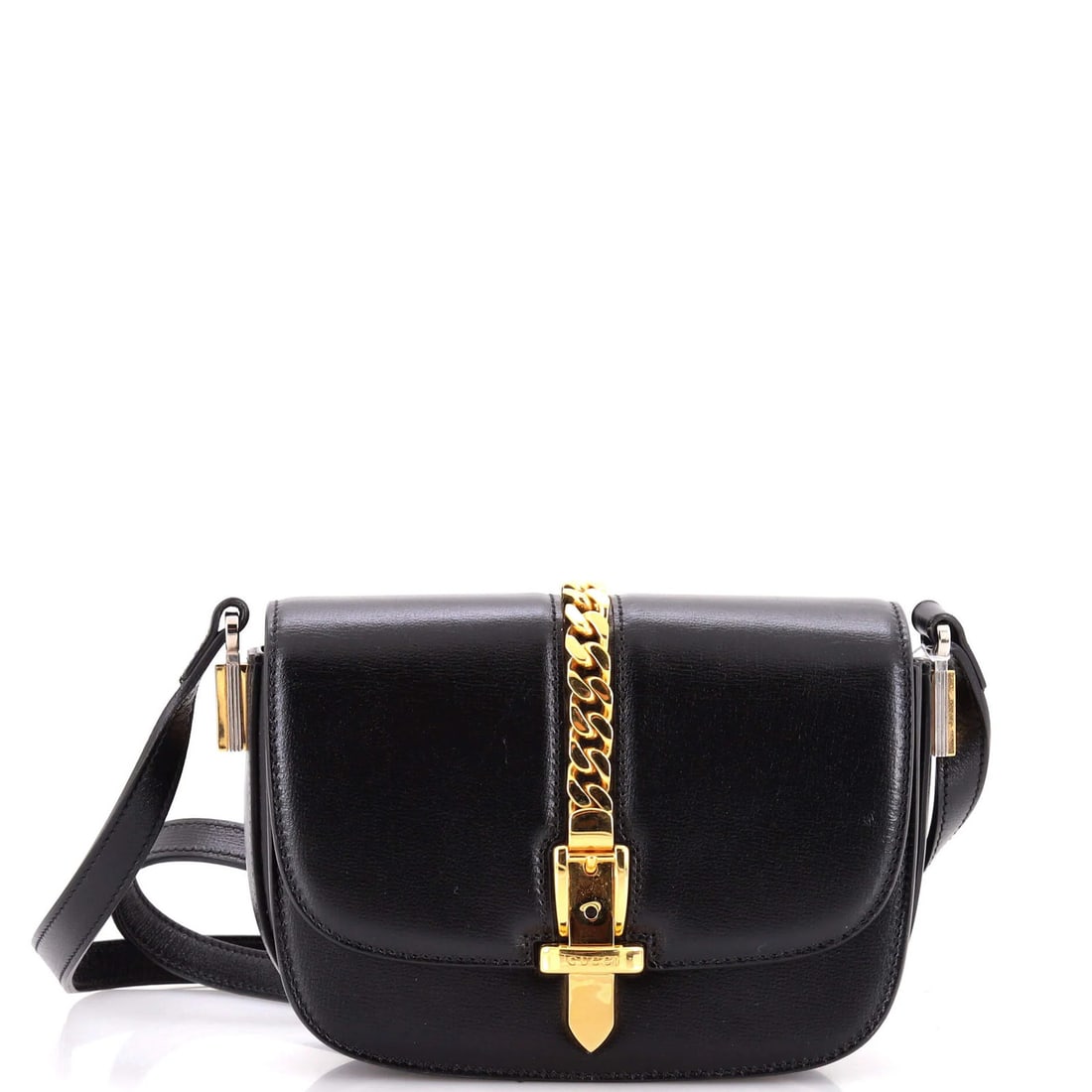 Gucci Sylvie Leather Bag 1969 Mini Shoulder: Gucci Sylvie Leather Bag 1969 Mini Shoulder Black leather mini shoulder bag with gold hardware, featuring a classic cross body design. Measuring 5.5" tall, 7" wide, and 3" deep, this 1969 Gucci Sylvie