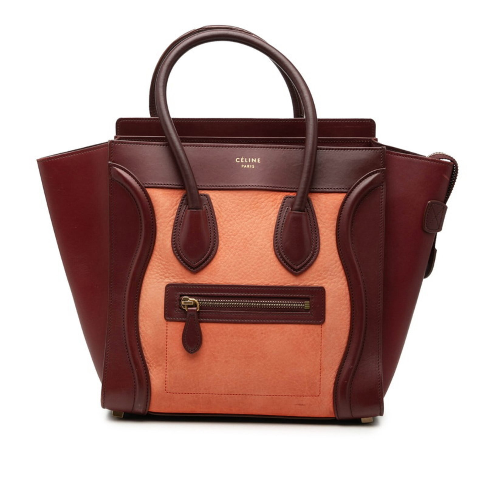 Handbag Suede Leather Celine: Handbag Suede Leather Celine The Celine handbag features a unique combination of suede leather in orange, red, and wine colors, creating a striking visual effect. Measuring 27cm x 40cm x 12.5cm, this