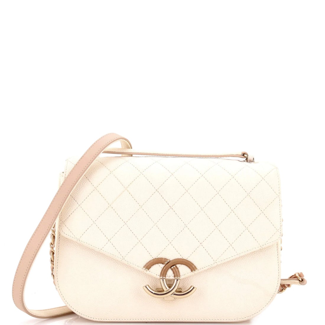 Caviar Quilted Medium Flap Around Thread Chanel Bag: Caviar Quilted Medium Flap Around Thread Chanel Bag The Caviar Quilted Medium Flap Around Thread Chanel Bag features a neutral exterior with scuffs, edge wear, and discoloration, showcasing a classic