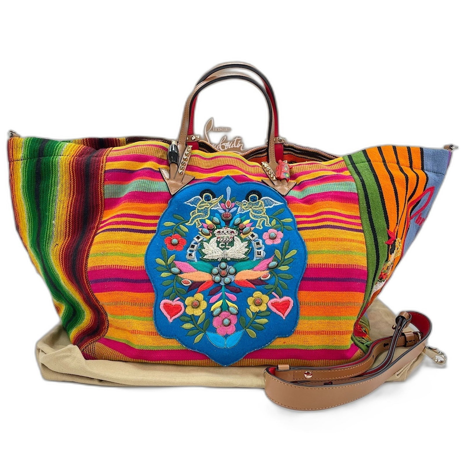 Canvas tote bag from Christian Louboutin: Canvas tote bag from Christian Louboutin Canvas tote bag from Christian Louboutin features a multi-color design on a canvas material. The bag measures 31cm x 67cm x 34cm and comes with adjustable