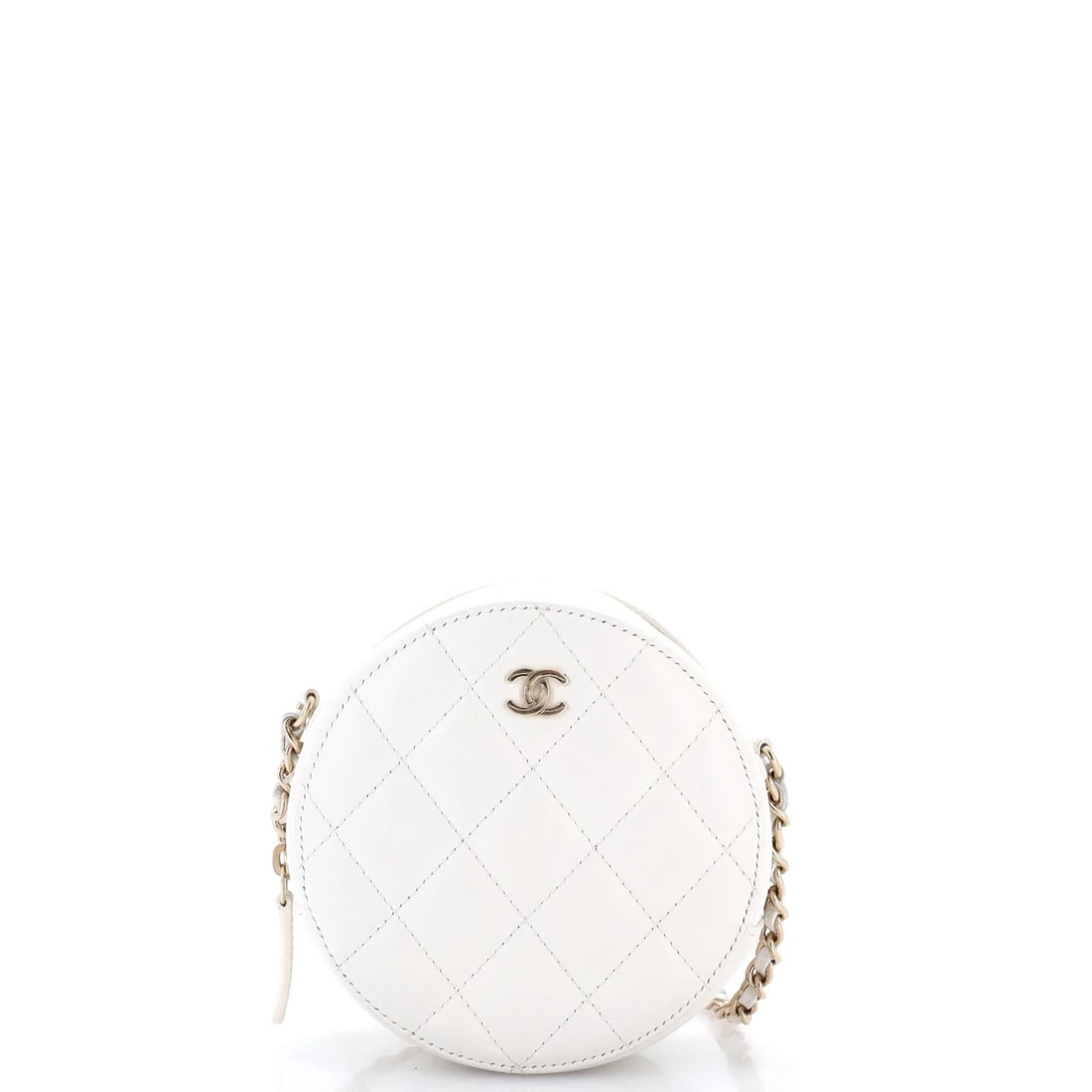 Round Clutch Chanel Mini Caviar Quilted Chain: Round Clutch Chanel Mini Caviar Quilted Chain White leather Chanel mini cross body bag with a round clutch and chain quilted caviar design, featuring a 5" height and 23" strap drop. The bag has minor 