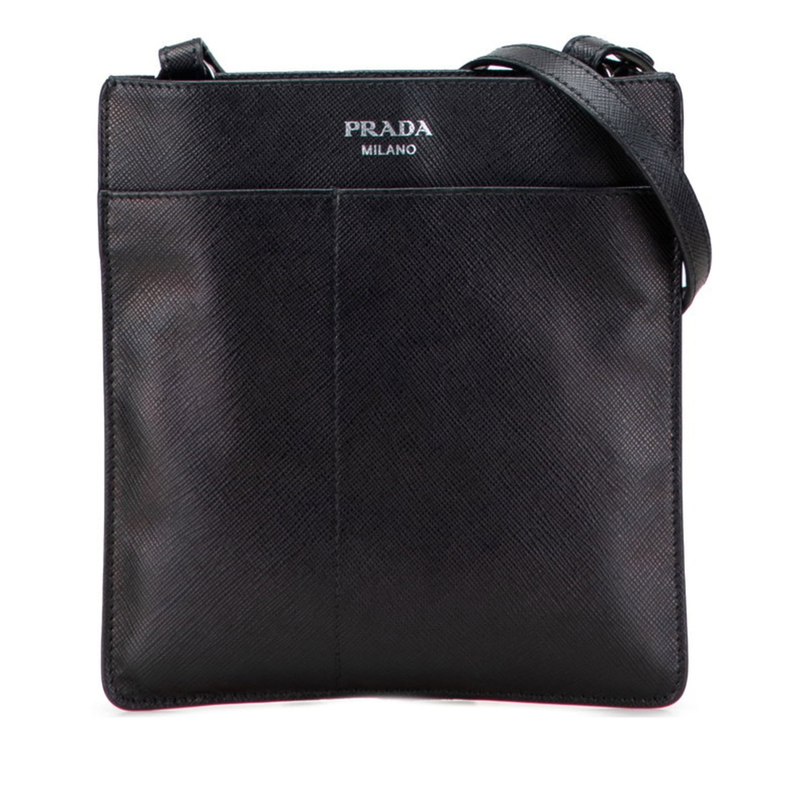 Shoulder Bag Leather Prada: Shoulder Bag Leather Prada Saffiano leather shoulder bag from Prada, featuring a sleek black design with an open closure and adjustable strap drop of 61cm. Measuring 18cm x 17cm x 2.00mm, this stylish