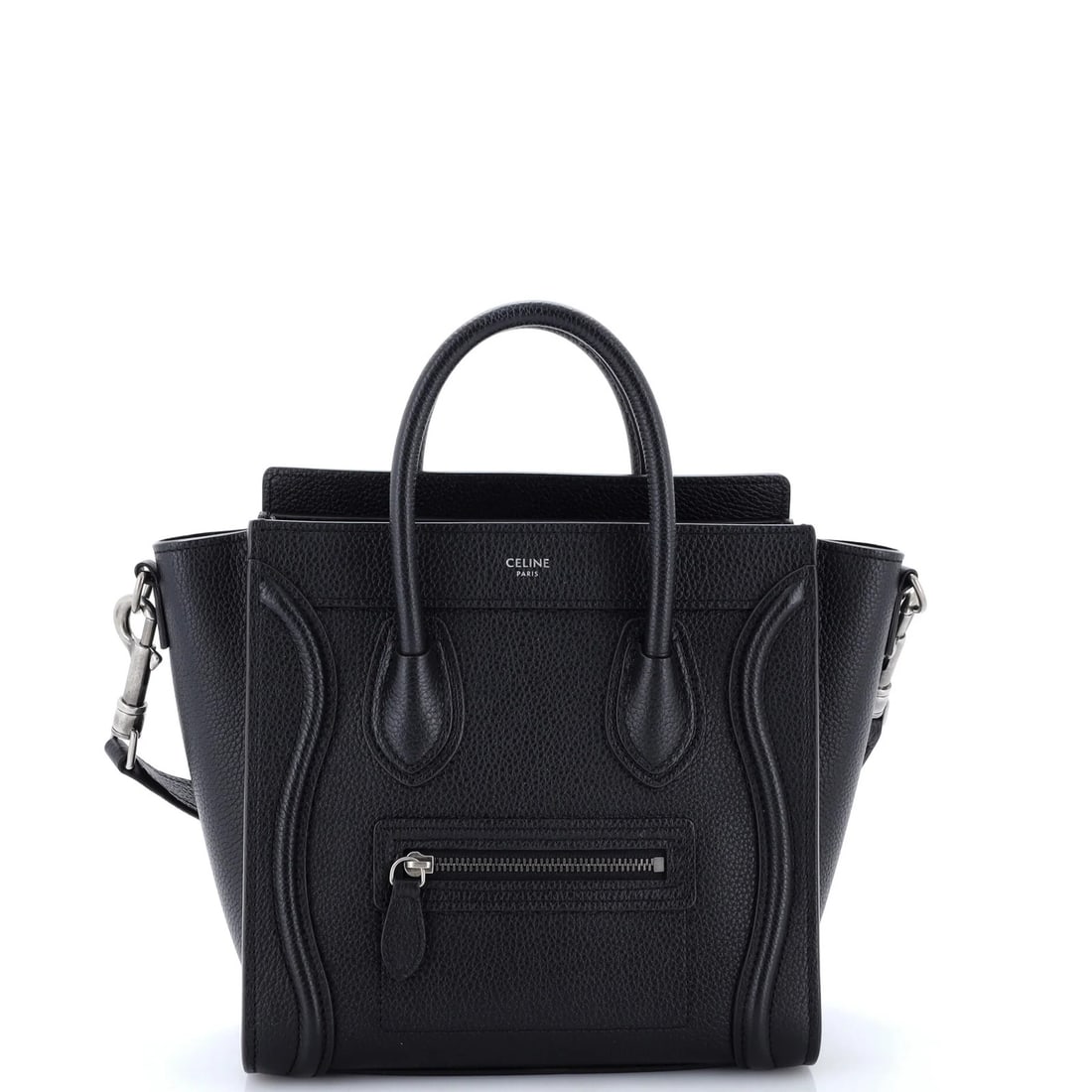 Luggage Bag Grainy Leather Nano Celine: Luggage Bag Grainy Leather Nano Celine Black Grainy Leather Nano Cross Body Bag from Celine, featuring a sleek design with a 19" strap drop and 8" width, perfect for hands-free convenience. The bag's